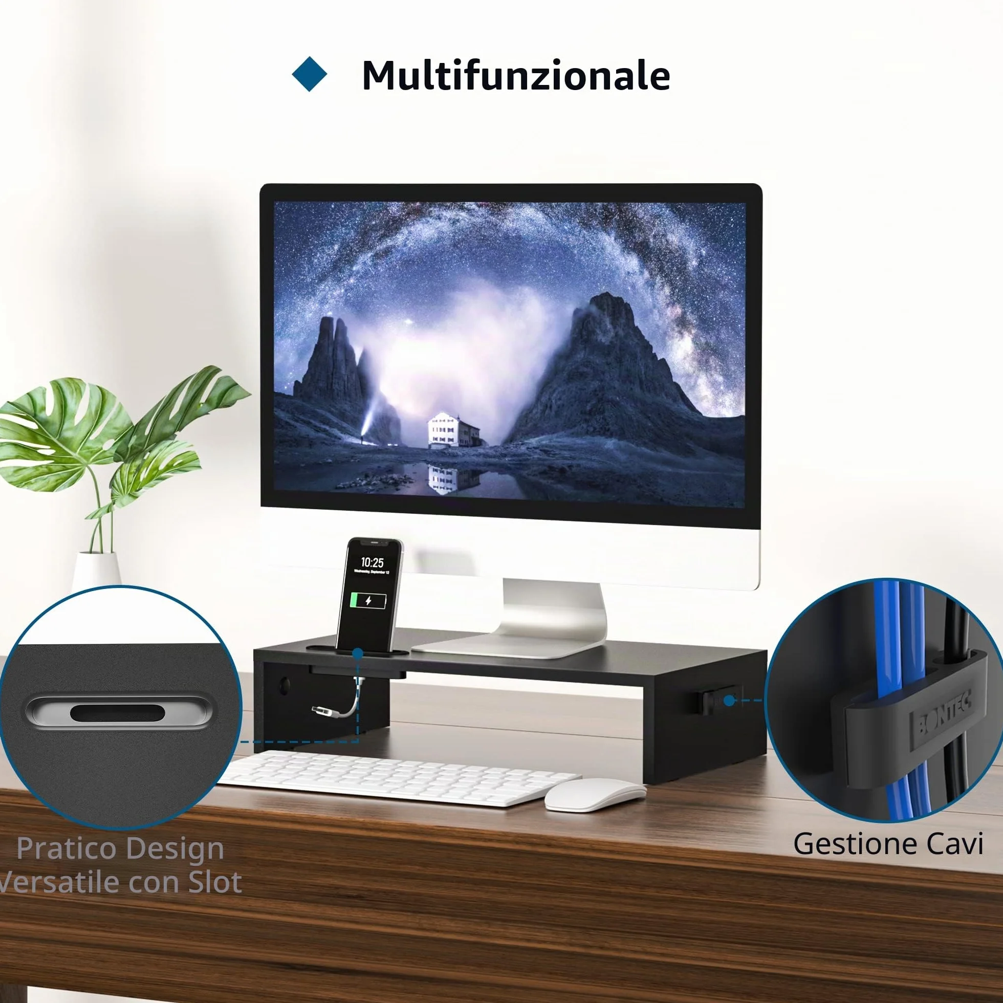 BONTEC Supporto per Monitor in Legno, per Monitor da Tavolo ergonomico per Laptop, Computer, Notebook, iMac, Stampanti, Portata Fino a 30 kg, W420 x D235 x H104mm, Nero