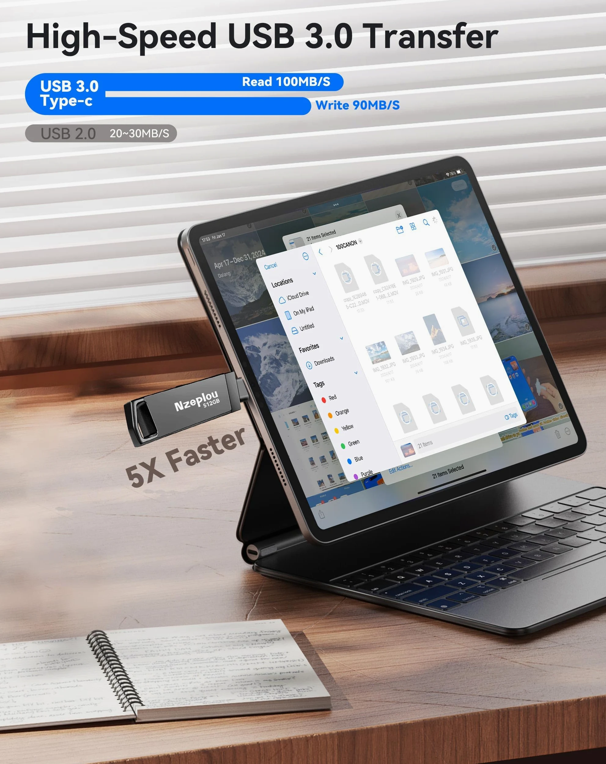 Chiavetta USB 3.0 ad alta velocità per iPhone, iPad, non necessita di app, Lightening & USB-C, memoria esterna per foto, video, backup immagini, plug & play, 512 GB, grigio siderale