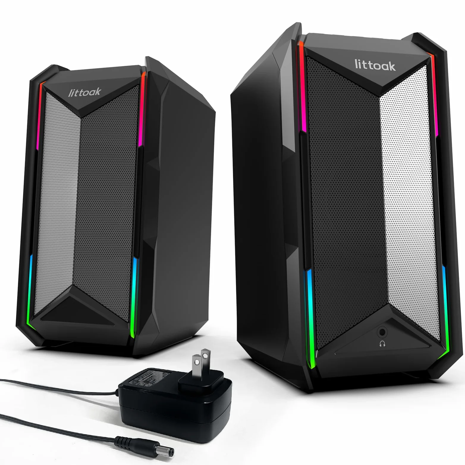 LITTOAK Altoparlanti per computer per musica e giochi, altoparlanti alimentati con adattatore CC per PC desktop o laptop, altoparlante desktop Bluetooth 5.3, 10 modalità RGB, ingresso AUX da 3,5 mm