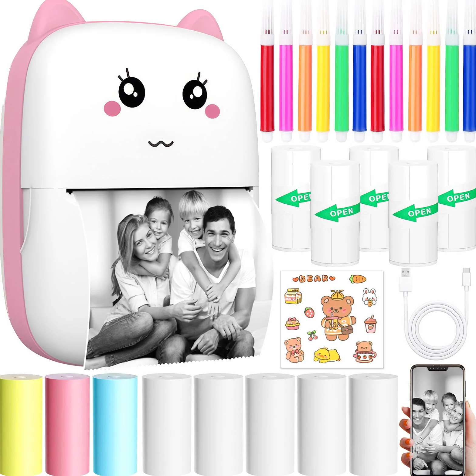 Mini Stampante Termica Portatile Bluetooth Senza Inchiostro per Smartphone, Stampa Foto, Etichette, Adesivi, Idea Regalo DIY (rosa)