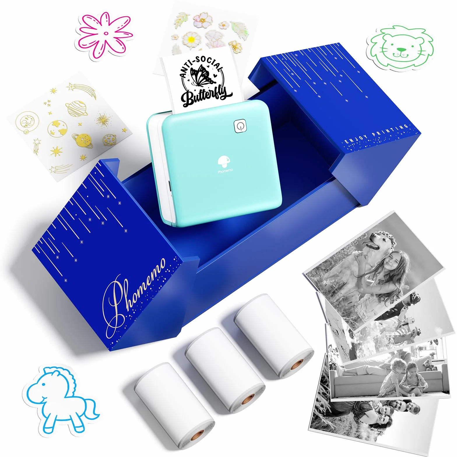 Phomemo P2S Mini Stampante Termica Portatile 300 dpi Bluetooth con 3 Rotoli di Carta per Smartphone Foto Adesivi