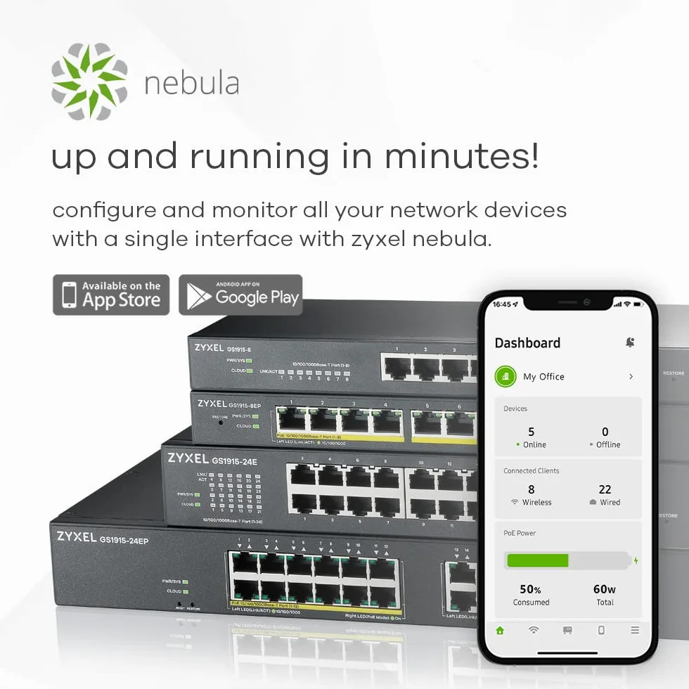 Zyxel 24 Port GbE PoE Switch | 130 Watt 802.3at | Rackmount | Smart Hybrid Mode | Standalone o Nebula Cloud [GS1915-24EP]