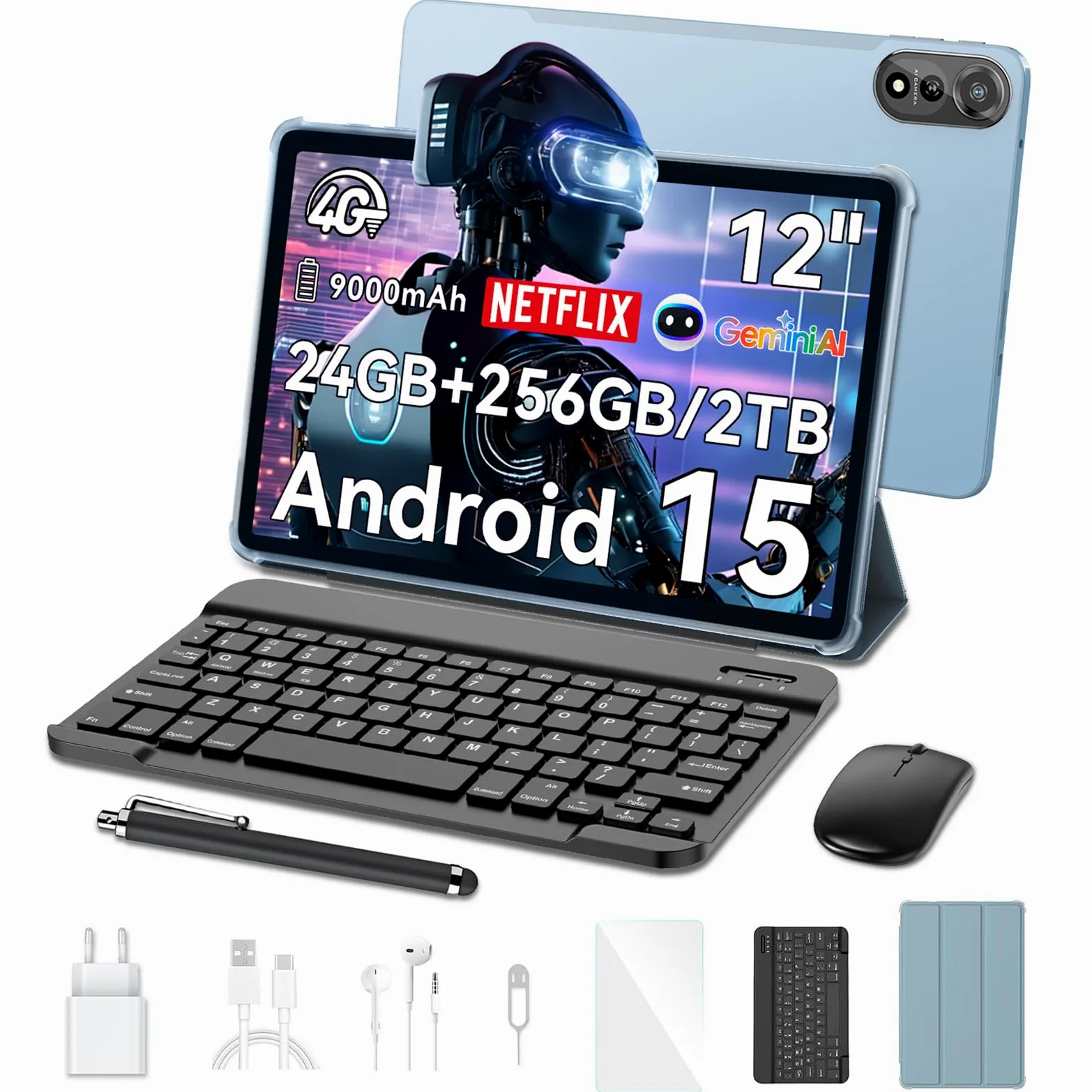 Blackview Tablet 12 Pollici con Tastiera, Tablet Android 15, Dual SIM 4G, 24GB RAM 256GB ROM, GeminiAI 3.0, 9000mAh, Wi-Fi Dual-Band, Riconoscimento Facciale, Widevine L1, GPS, Mouse/Custodia/Penna