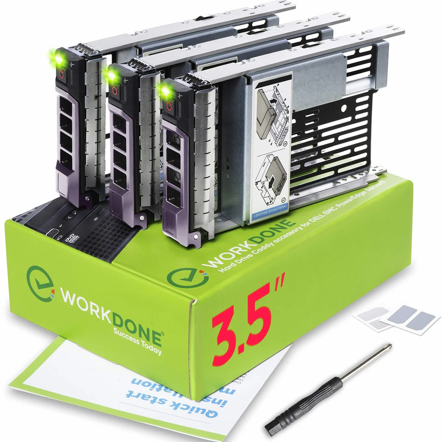WorkDone Pacco da 3 - Caddy hard disk 3,5 pollici con adattatore HDD 2,5 pollici - compatibile per server Dell PowerEdge elencati - Manuale - Etichette adesive - Cacciavite - Viti per Tray HDD