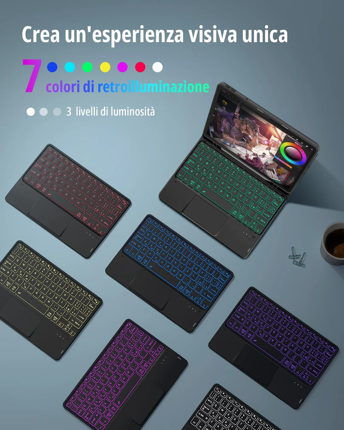 CACOE Cover con Tastiera Compatibile con Lenovo Idea Tab 11 Pollici Tablet 2025 con Touchpad, Custodia con Portapenne Tastiera Wireless Staccabile con Illuminazione a 7 Colori, Nero