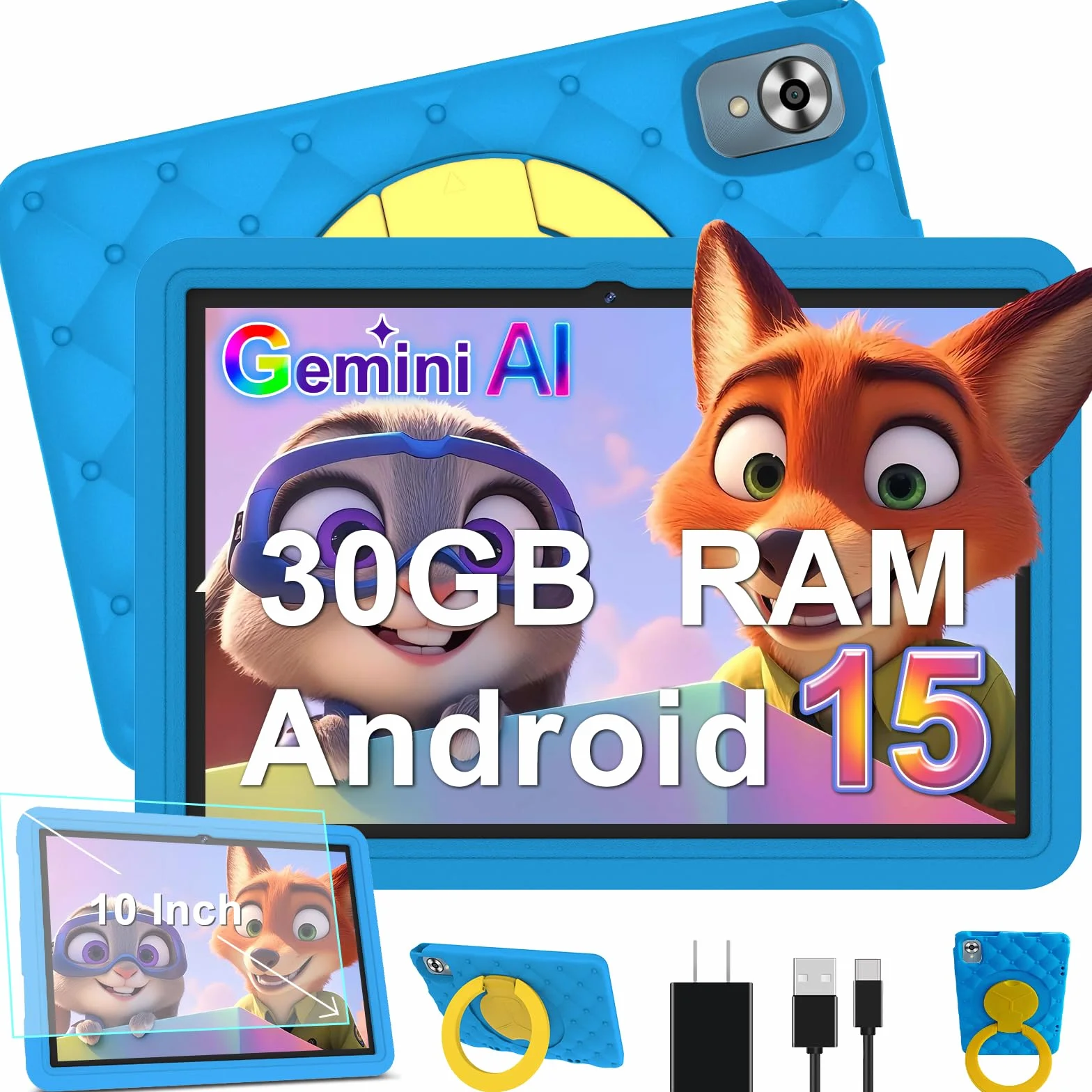 Tablet Bambini 10 Pollici Android 15 30GB RAM 64GB ROM 5G Wi-Fi 6 Octa-Core 6000mAh Blu