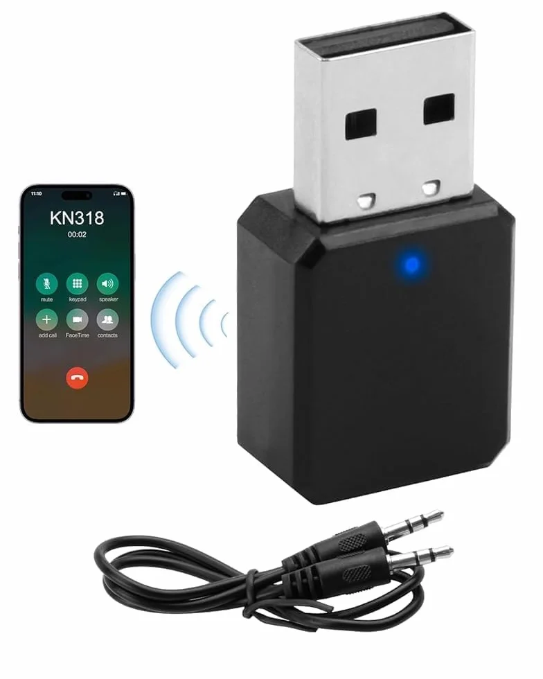 Adaptador USB Bluetooth Auto 5.1 para coche con salida AUX y USB – Receptor Bluetooth Plug and Play con cable de audio de 3,5 mm para altavoces y llamadas manos libres