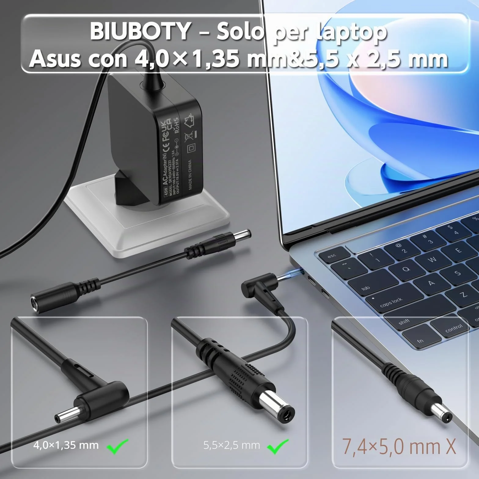 BIUBOTY Caricatore 45W Portatile 19V 2.37A Compatible con Asus Vivobook 14 15 Zenbook UX330 UX330U UX360 UX360C UX305 Q504U Q504UA Q302 Q302L Q302LA Notebook Alimentatore Caricabatteria 4.0 x 1.35mm