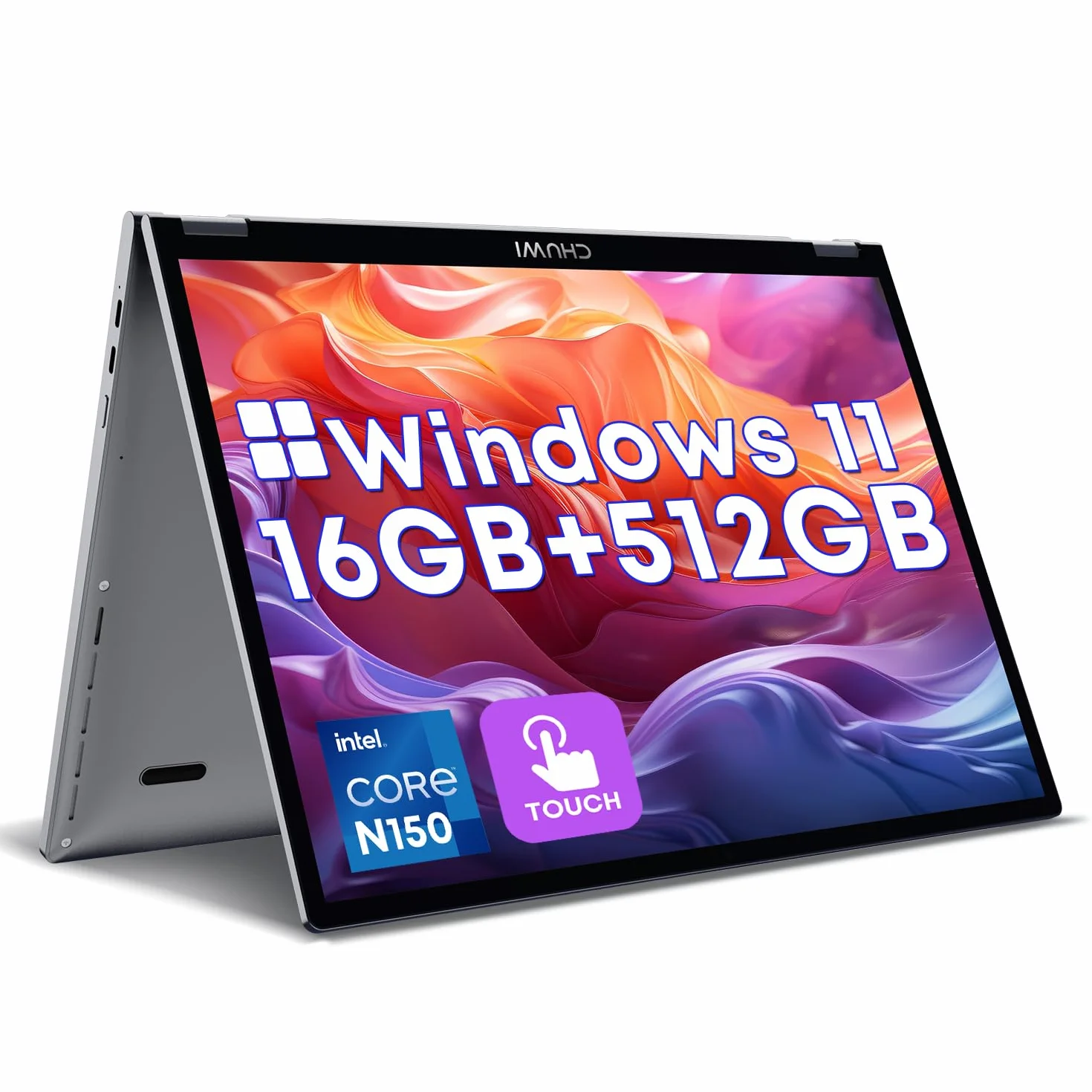 CHUWI laptop 2 in 1 da 10,51 pollici, Intel N150, 16 GB RAM 512 GB SSD, mini laptop Windows 11, FHD 1920 * 1200 IPS touchscreen, tastiera retroilluminata, WiFi 6, BT5.2, ventola, PC tascabile per