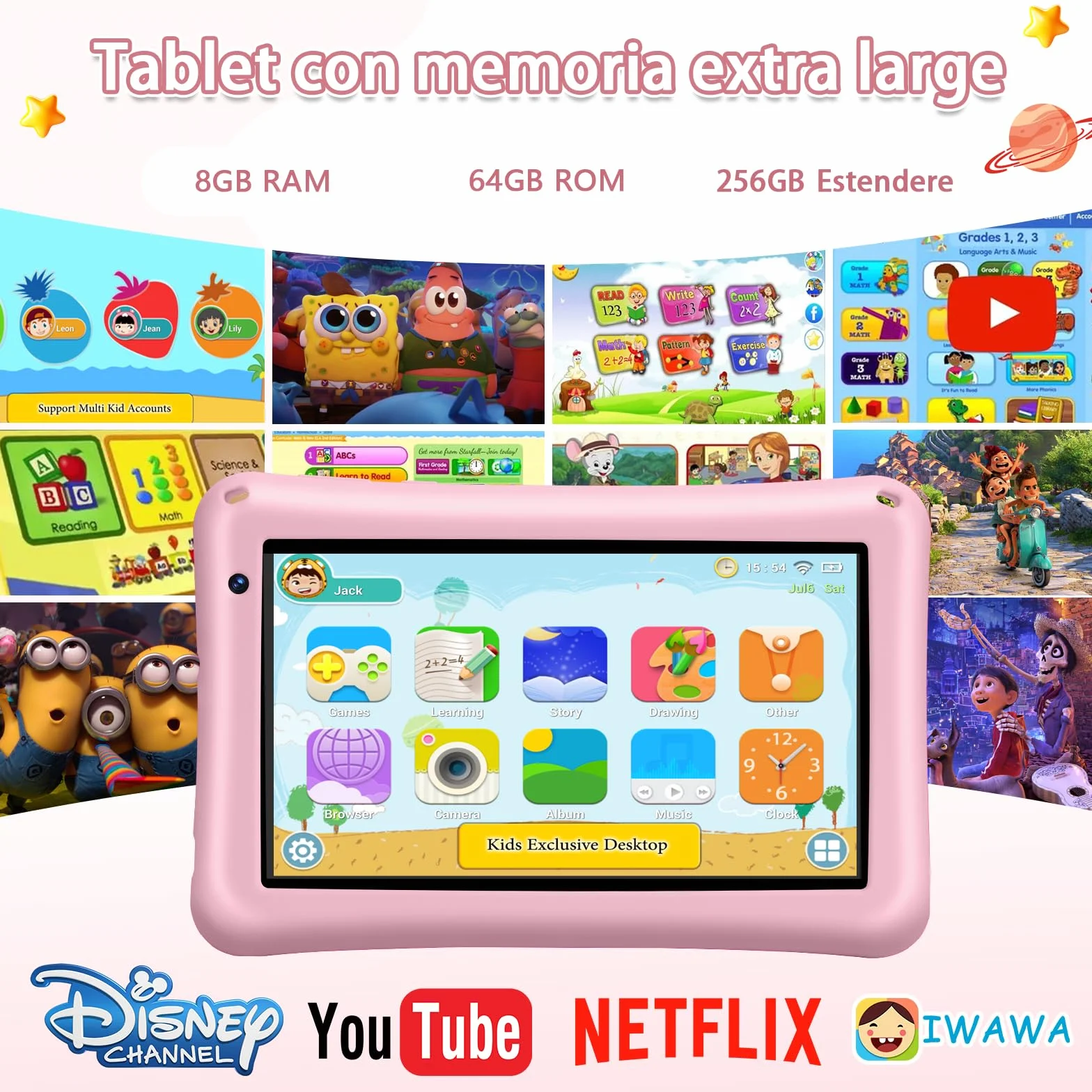 Tablet Bambini 7 Pollici Android 13 Octa Core 8GB RAM 64GB ROM Espandibile 256GB Schermo IPS Controllo Parentale Custodia Antiurto Rosa