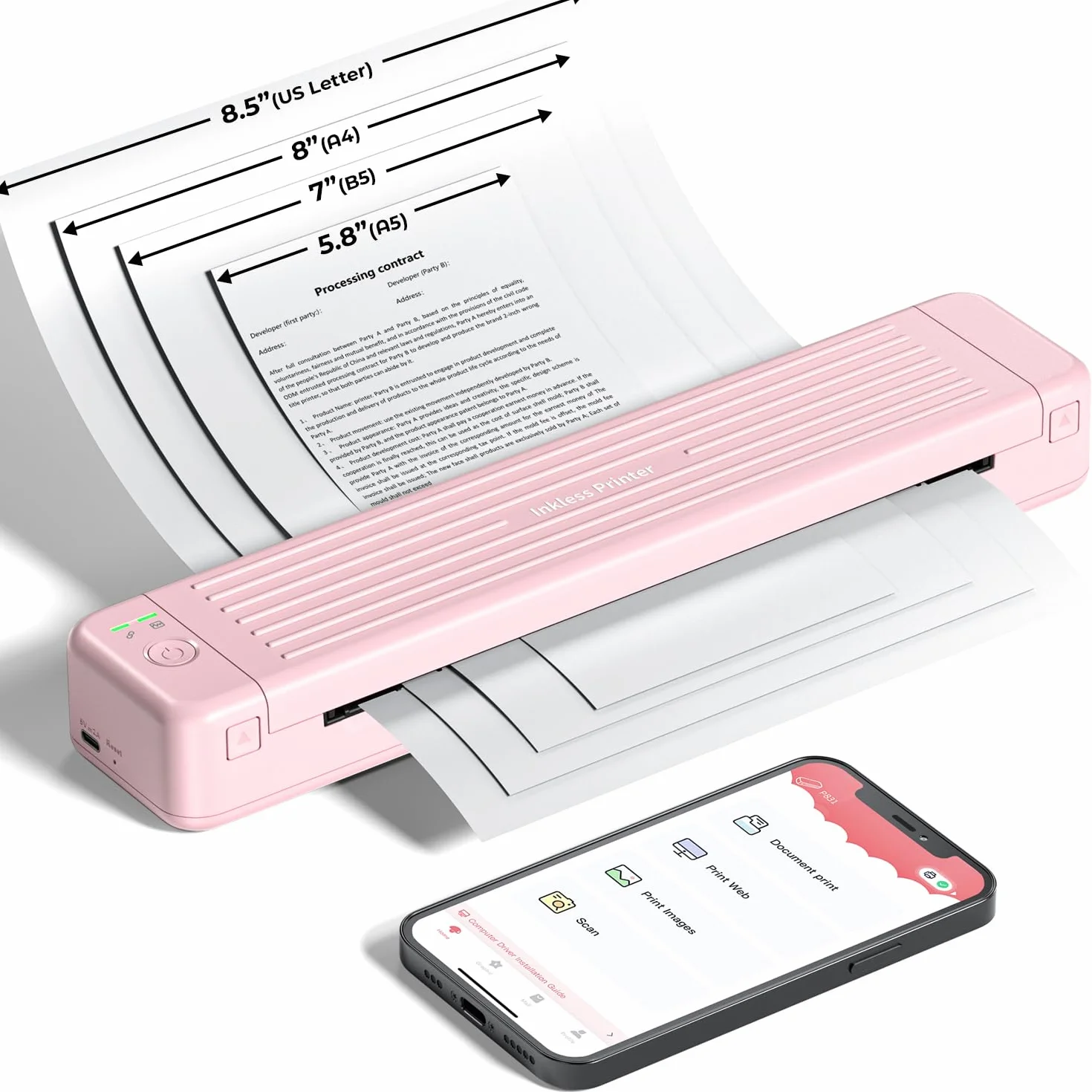 Stampante Portatile A4 P831 Bluetooth Piccola per Viaggio, Senza Inchiostro Carta Termica Rosa