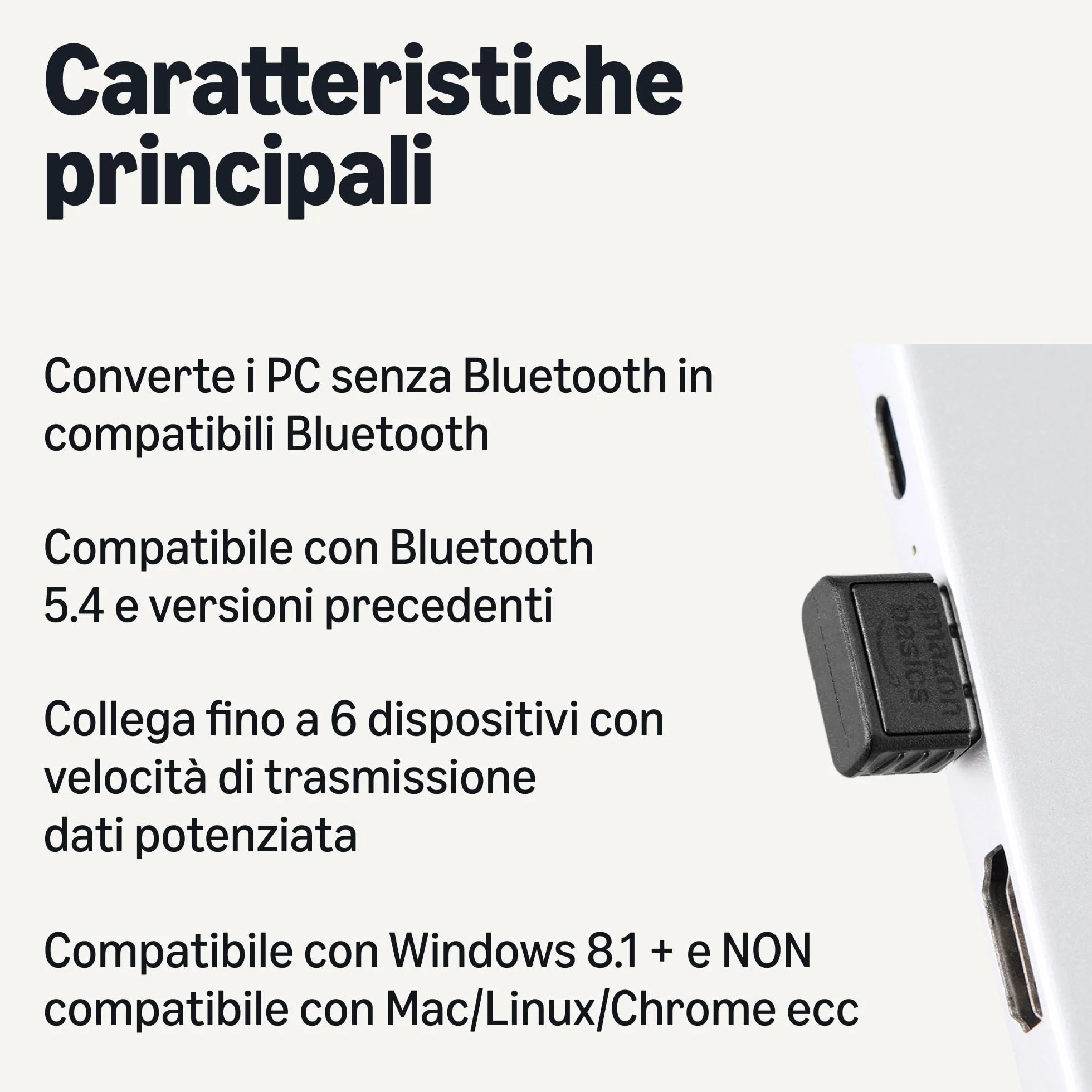 Amazon Basics - Adattatore USB Bluetooth 5.4 per PC, Ricevitore USB per Mouse Bluetooth, Tastiera, Laptop, Compatibile con Windows 11/10/8.1