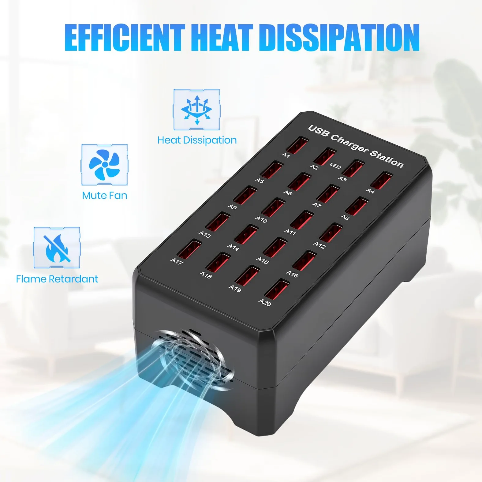 Stazione di Ricarica USB a 20 Porte, 100W Caricatore USB multiplo per Casa | Per Hotel Ufficio Viaggi Trasmissioni In Diretta, alimentatore USB da Tavolo per Telefono Tablet Cuffie Orologi