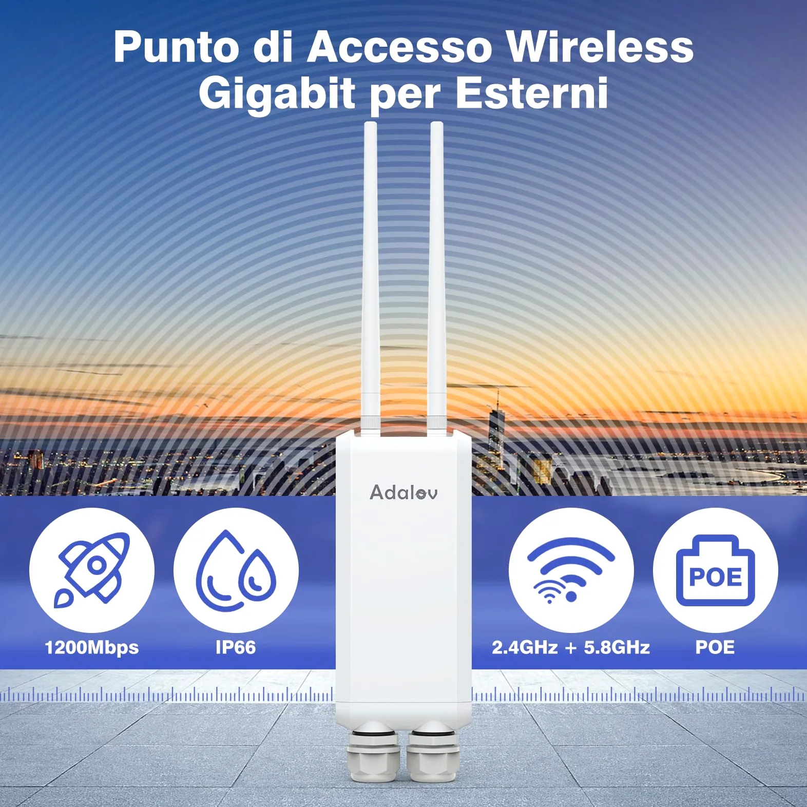 AdaLov Gigabit Access Point Wireless Esterno, Punto di Accesso WiFi a Lungo Raggio, 1200Mbps Dual Band 2.4/5.8GHz, Impermeabile IP66, Ripetitore WiFi per Negozio/Giardino/Garage/Scuola/Camper,48V PoE