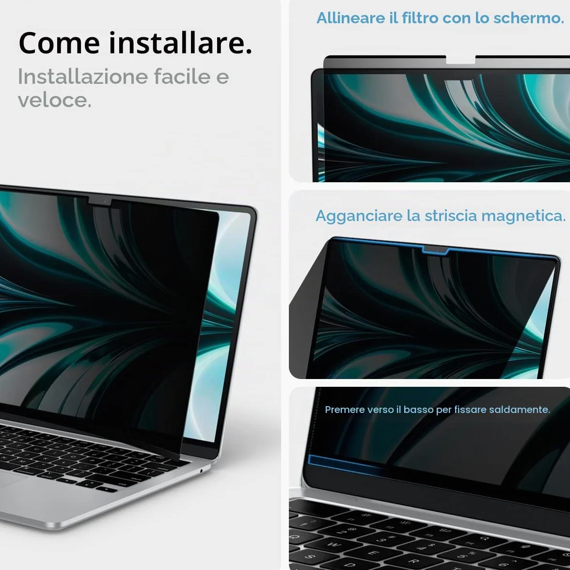 Spigen Safeview Filtro Privacy Magnetico compatibile con MacBook Air 13 pollci (M5 2026 / M4 2025 / M3 2024 / M2 2023), Anti-Spia, Rimovibile, con Panno per la Pulizia e Custodia