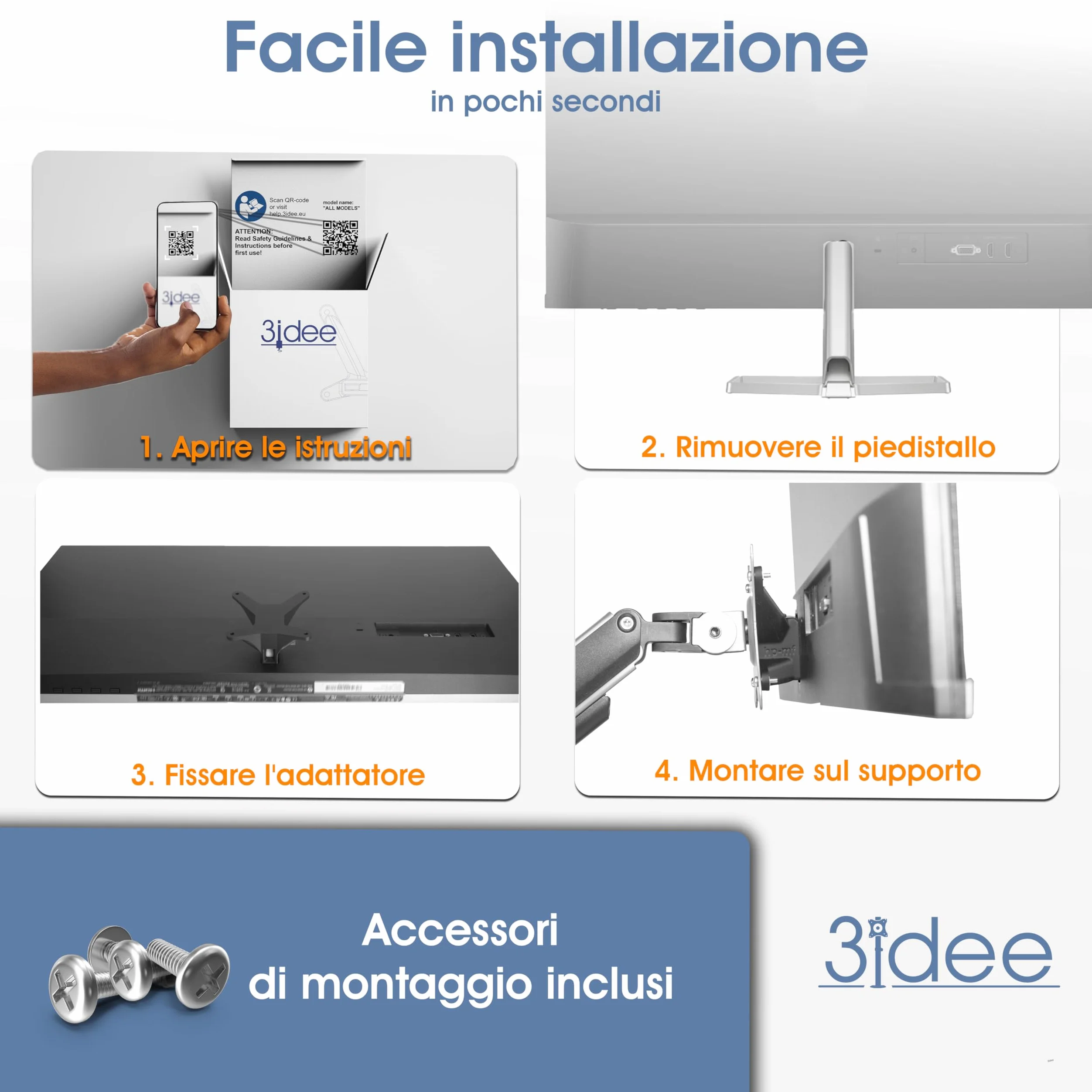 3IDEE Pacchetto adattatori VESA per Monitor HP Serie 5 e MF (524sa, 524sf, 524sw, 527sa, 527sf, 527sw, 532sf, M22f, M24f, M27f, M32f) - Adattatore per Supporto Monitor 75x75 mm - 2 pz.