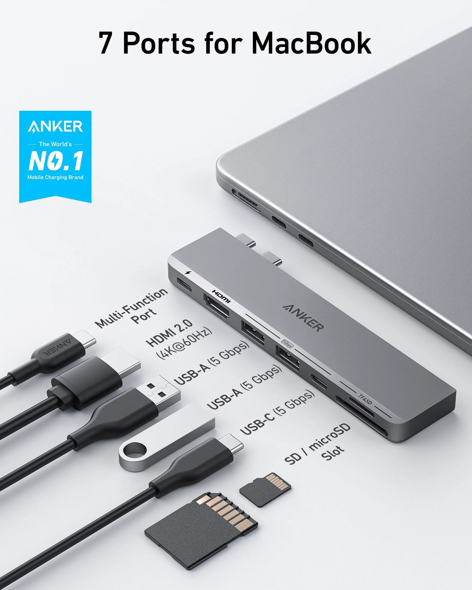 Anker 547 Hub USB C 7 in 2, Compatibile con Porta USB C Thunderbolt 4, HDMI 4K, Type C e 2 Porte Dati USB A per MacBook Pro 13 Pollici, MacBook Air M1/ M2 e Altro