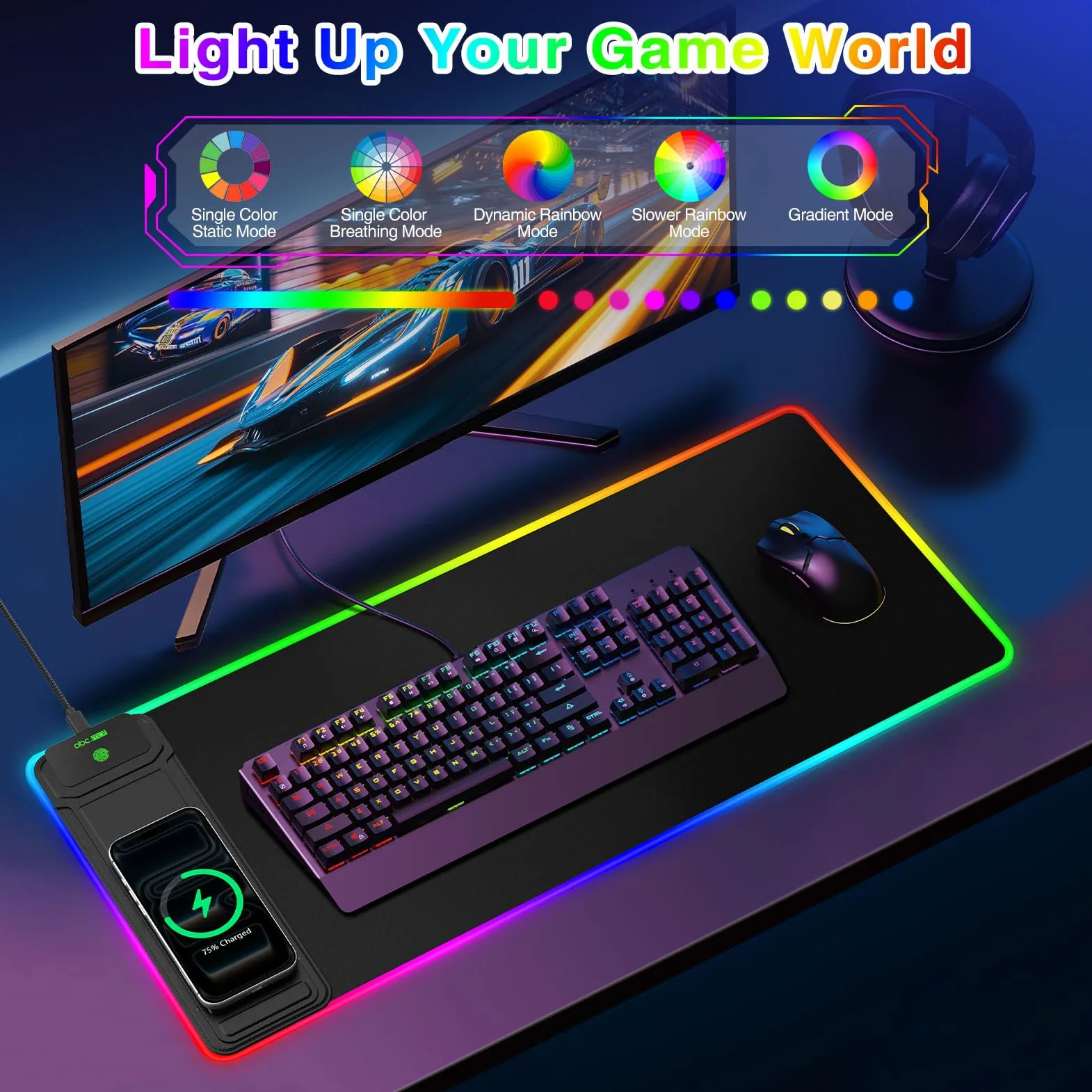 Tappetino per mouse da gioco XXL RGB LED con caricabatterie wireless magnetico e supporto pieghevole per telefono, 80 x 30 cm, tappetino da scrivania ultra liscio, 25 effetti di luce, base antiscivolo