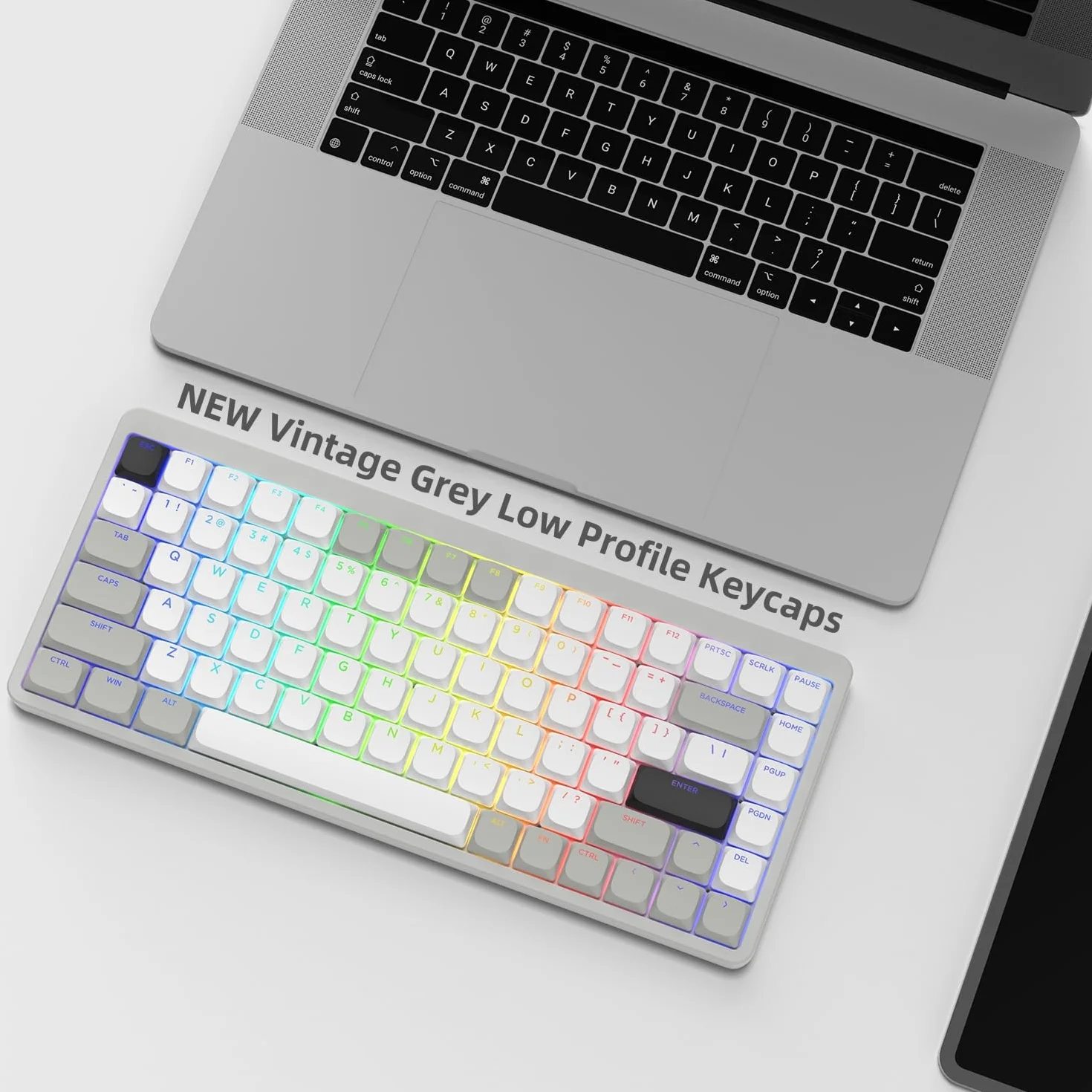 Keycaps a Basso Profilo 143, PBT Keycaps 75 Percento Brillare Attraverso, Keycaps Dimensioni Complete per ANSI US 60% 65% 75% 80% 100% Cherry Gateron MX Switch tastiera meccanica, Grigio/Bianco
