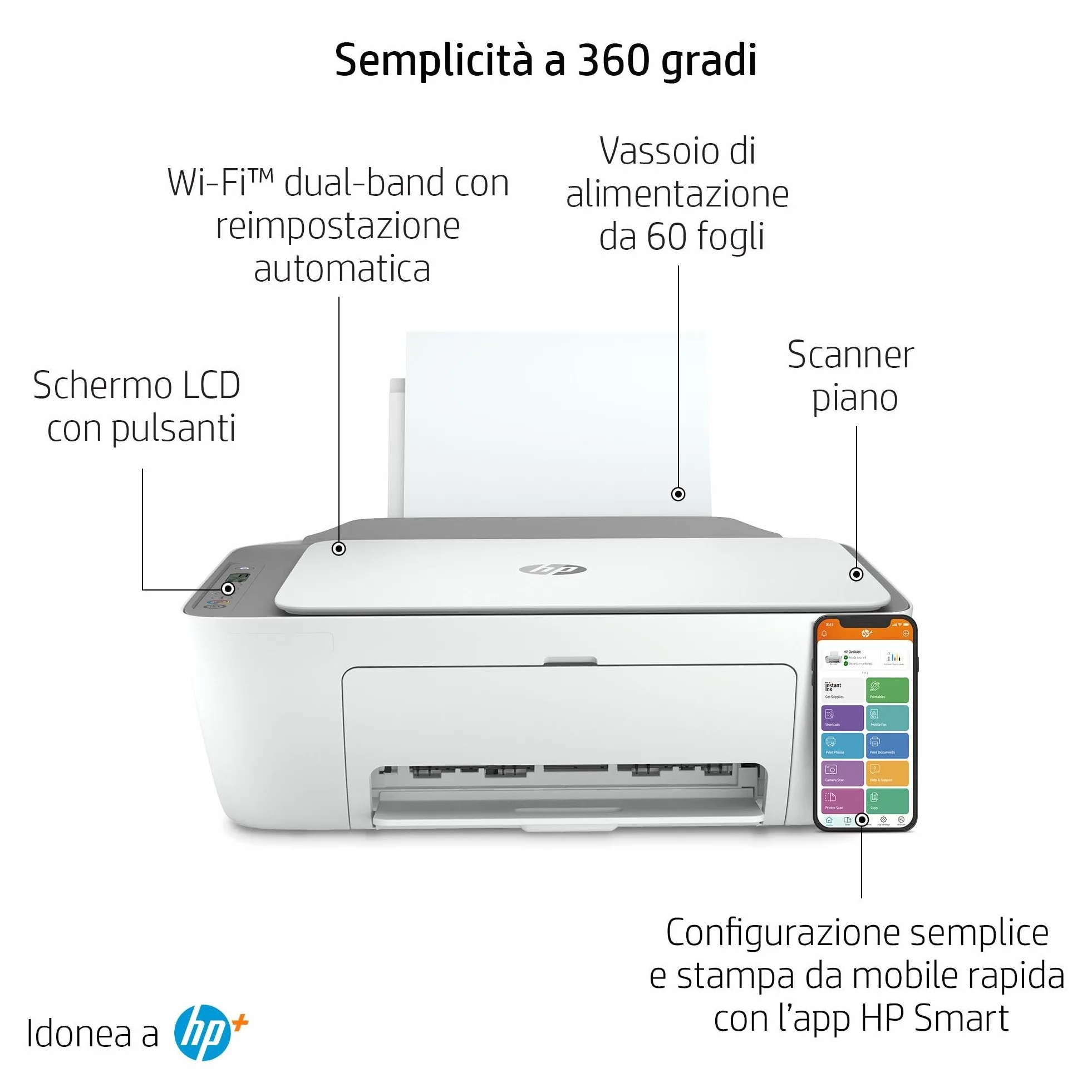 HP DeskJet 2720e 26K67B, Stampante Multifunzione a Getto d'Inchiostro A4 a Colori, Fronte e Retro Manuale, 7,5 ppm, Wi-Fi, 6 Mesi di Inchiostro Instant Ink Inclusi, Bianca