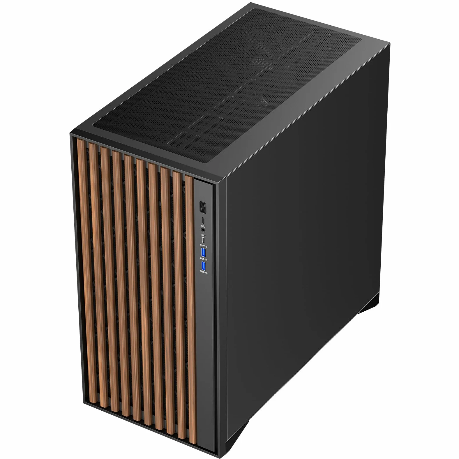 Itek case WOODY - Gaming Tower, ATX, 3x14cm Black fan, 2xUSB3, Type-C, Wood Front, Temp Glass Side Panel
