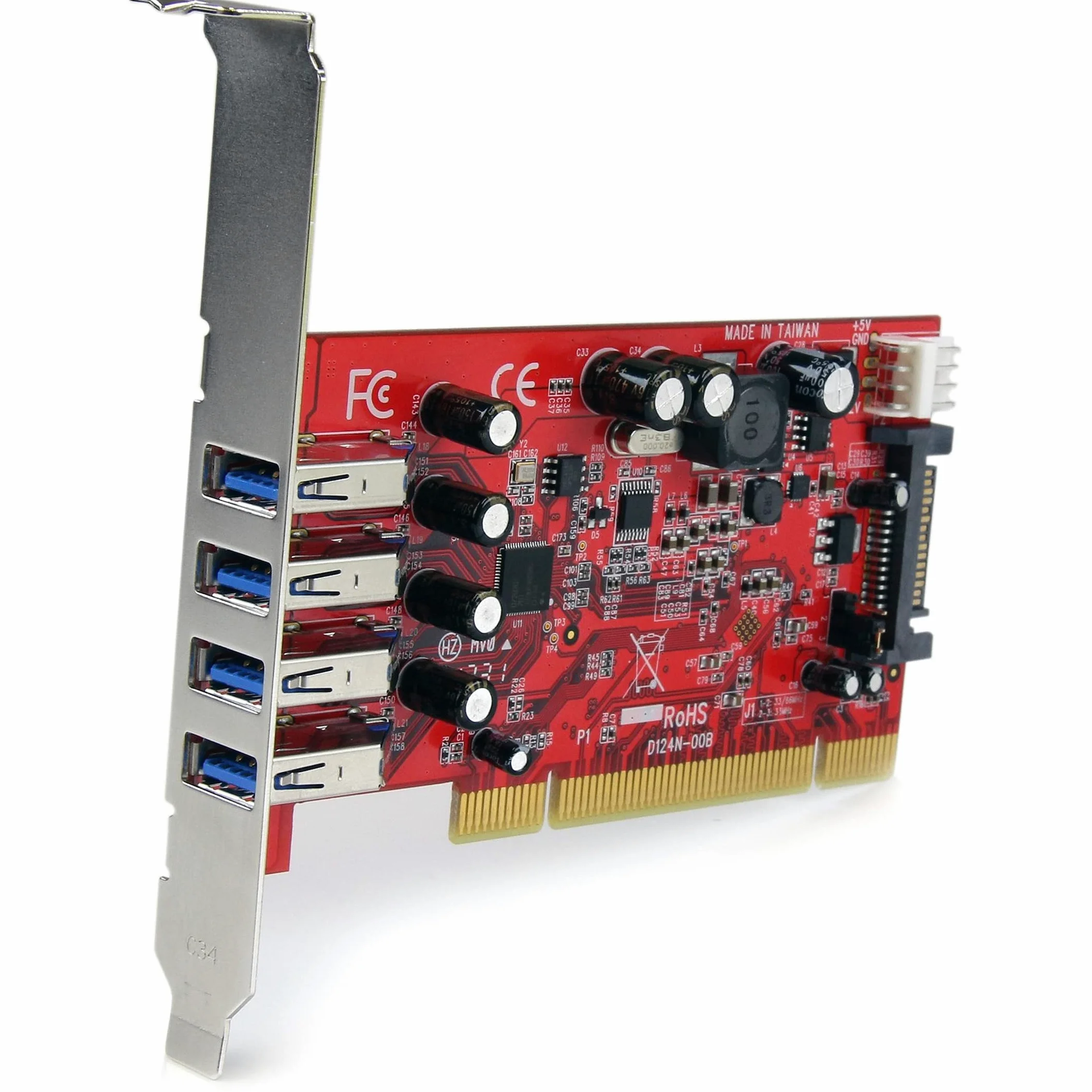 StarTech Scheda PCI USB 3.0 a 4 Porte 5Gbps SuperSpeed Rosso (PCIUSB3S4) | Alimentazione via SATA o SP4, Retrocompatibile con USB 2.0