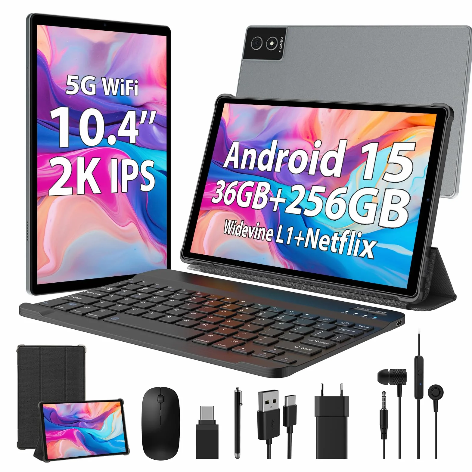 10.4 Pollici Tablet Android 15, 5G WiFi, Tablet in Offerta 36GB RAM+256GB ROM(TF 1TB), 2000x1200 FHD, Octa-Core, Widevine L1/8000mAh/8MP+13MP/BT5.0/GPS/GMS, con Tastiera e Mouse, Grigio