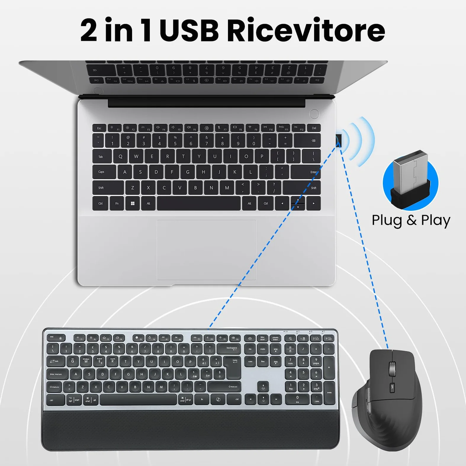 CITLLA Tastiera e Mouse Wireless Combo Tastiera Bluetooth Multidispositivo con Poggiapolsi, Tastiera Ricaricabile Retroilluminata, Mouse Silenzioso Ergonomico per Computer Desktop PC Portatile