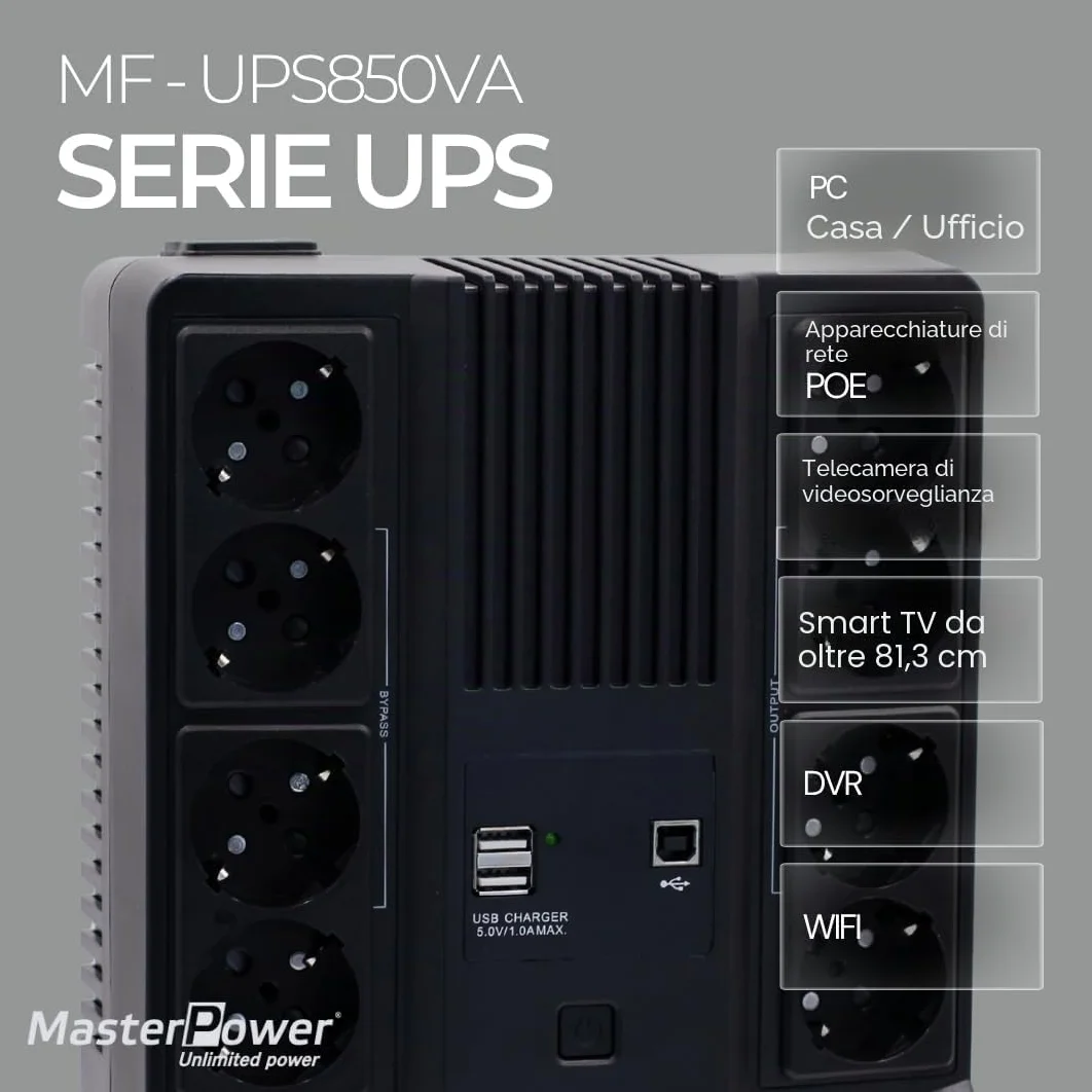 Master U-Power UPS 850VA (480W) Offline – Gruppo di Continuità con Display LCD, 8 Prese Schuko, USB e RJ45 – Protezione Elettrica per PC e Rete