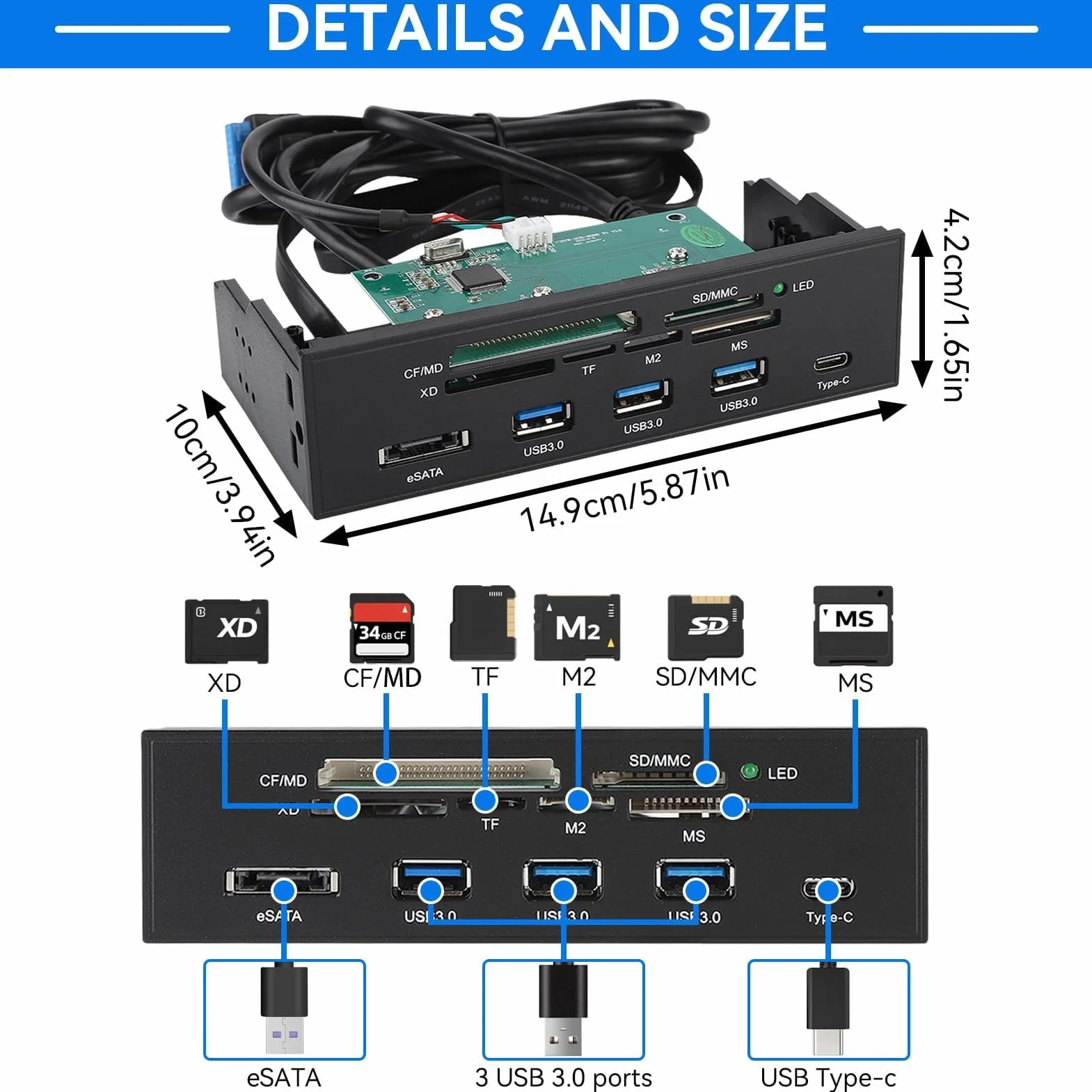 Lettore di Schede Interno, Interfaccia USB 3.0 da 5,25 Pollici Pannello Frontale del PC Hub Lettore di Schede Interno Lettore di Schede Tutto in Uno M2 SD MS XD CF Scheda TF Per Case del Computer allo