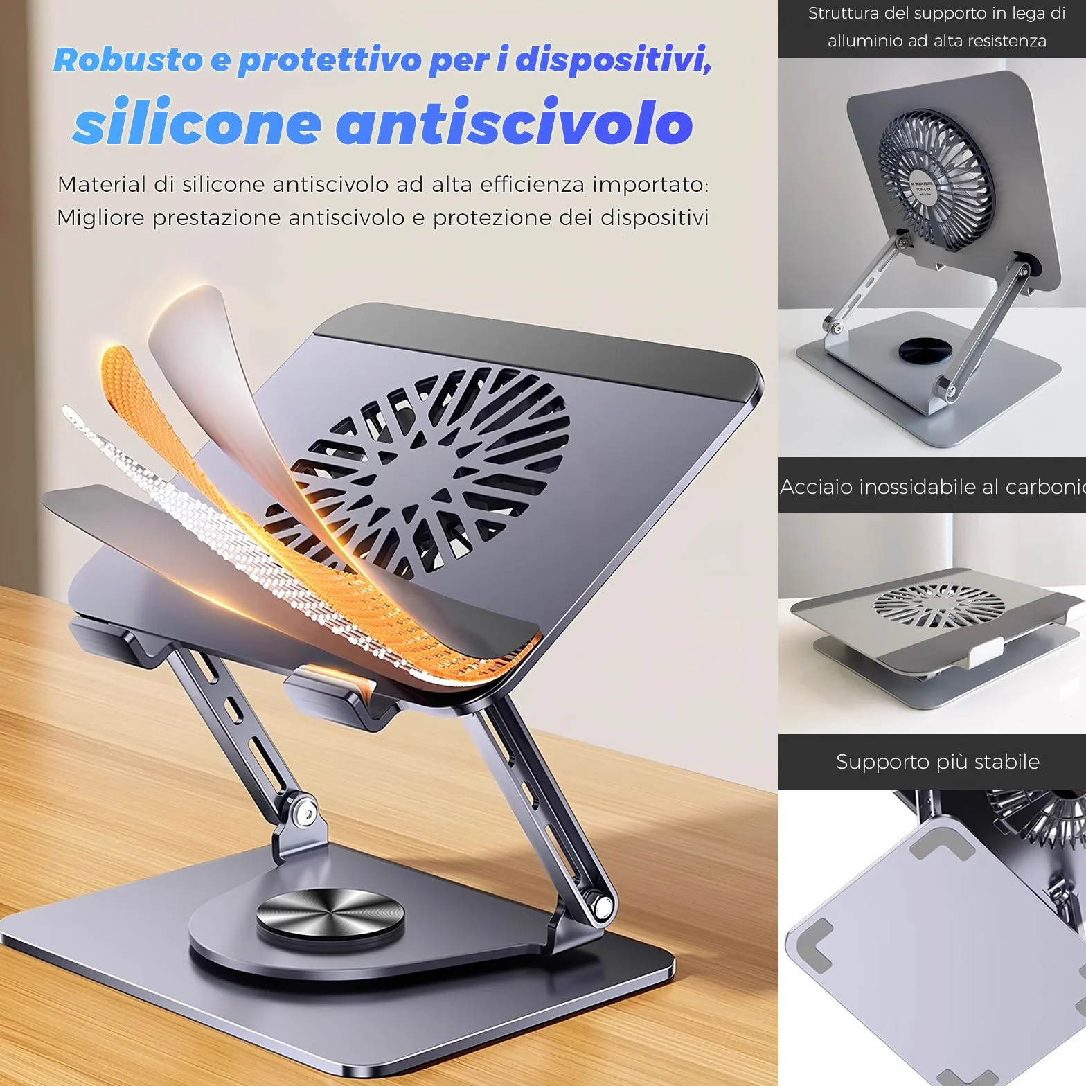 Supporto per laptop in alluminio, girevole a 360°, pieghevole, con ventola magnetica per raffreddamento, compatibile con MacBook e dispositivi da 10 a 17,3 pollici (grigio scuro)