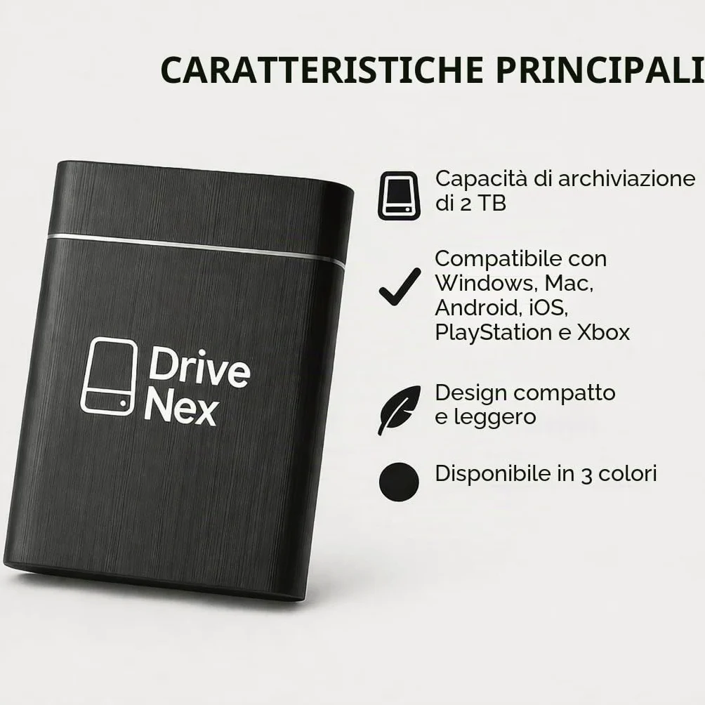 DriveNex SSD 2TB | Disco rigido esterno | 2 Terabyte | Adatto a tutti i sistemi operativi | Archiviazione dati | Disco rigido esterno portatile | Hard Drive esterno