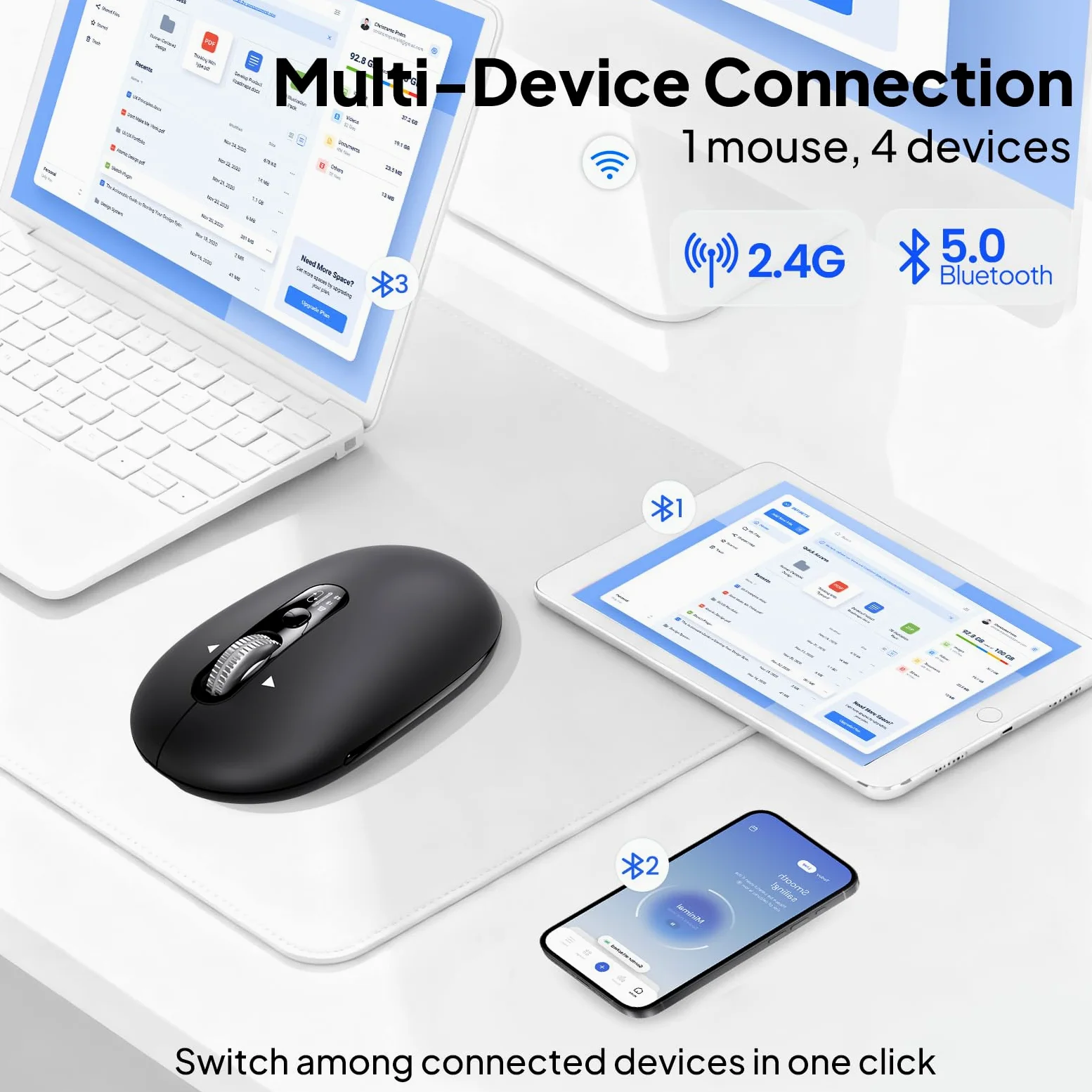 INFINMIND Mouse Bluetooth Senza Fili con Smart Flying Scroll, Rotellina ergonomica per il pollice, silenzioso per 3 dispositivi - Compatibile con Windows/Mac OS/Chrome/Android (Nero)