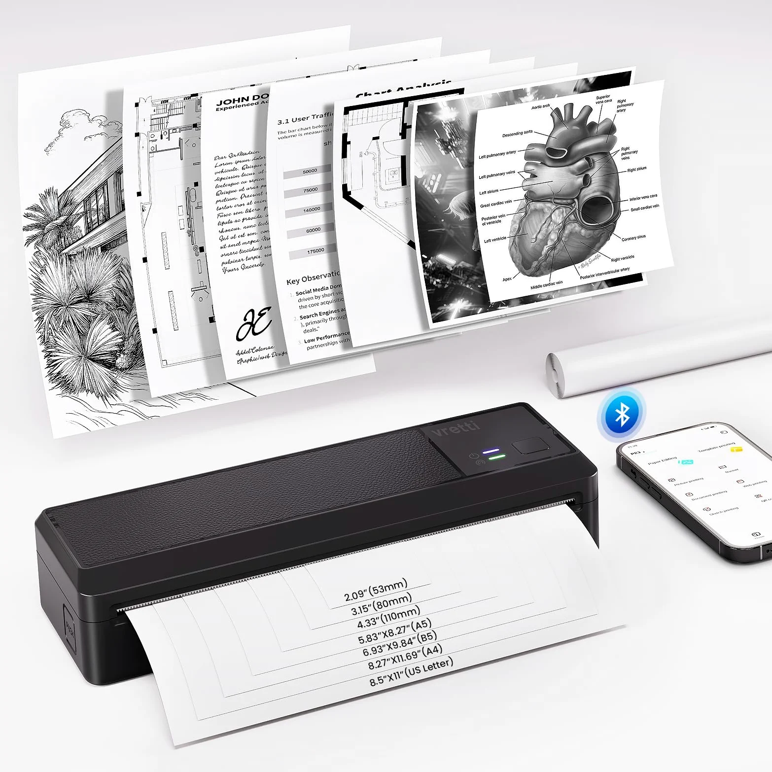 vretti Stampante Portatile A4 Compatibile con Phone/PC/USB, Bluetooth | Wireless Stampante Termica Stampa Contratti/Ricevute/Documenti,Nero