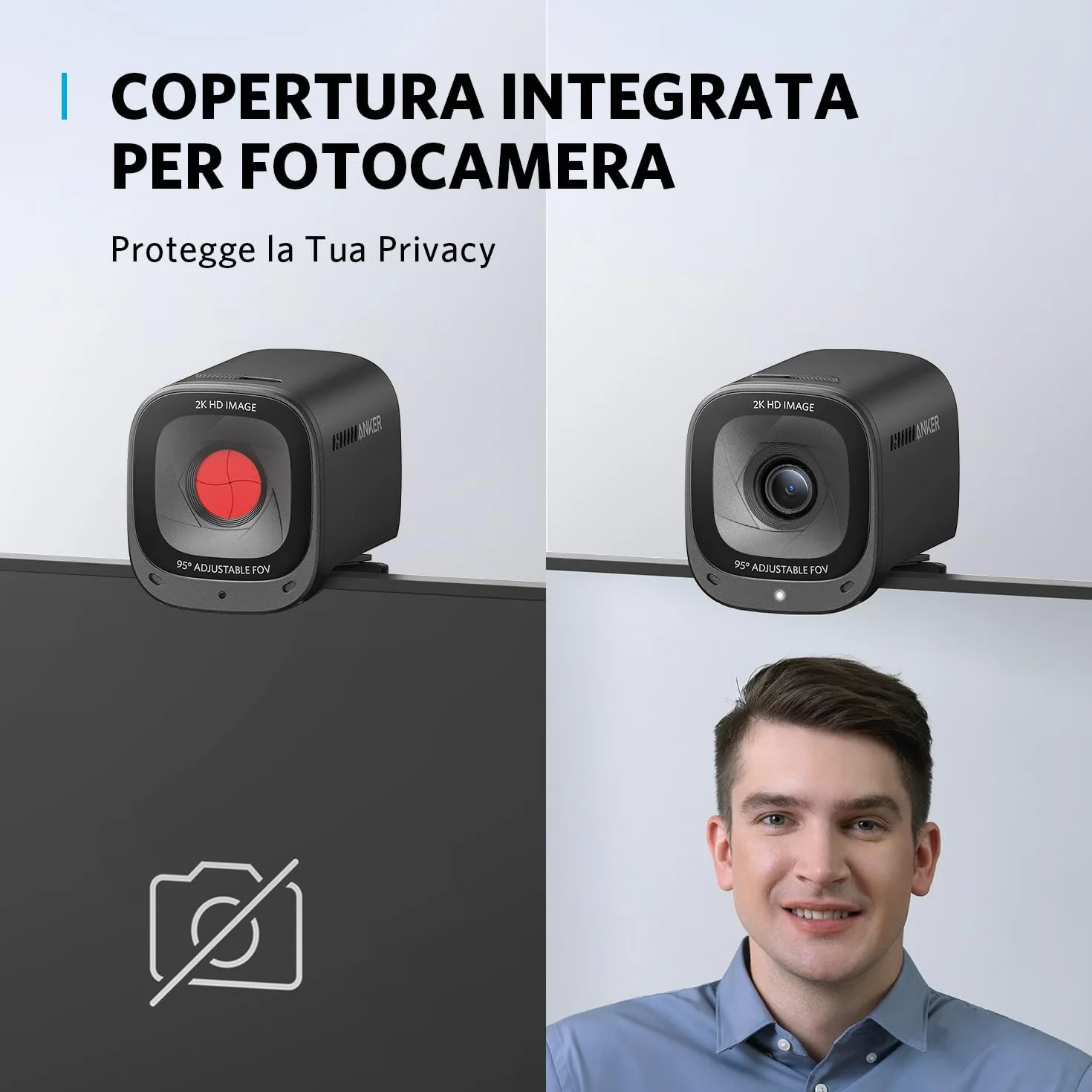 AnkerWork PowerConf C200 2K USB Webcam per laptop e computer, microfoni con cancellazione del rumore AI, stereo, campo visivo regolabile, correzione della luce bassa, copertura privacy integrata
