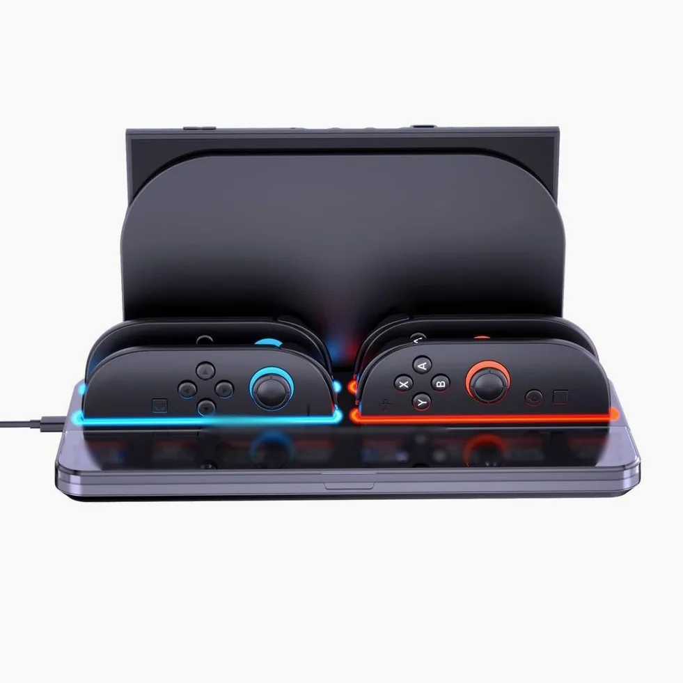 Base di ricarica per Nintendo Switch 2 con 4 porte, 8 schede di gioco, indicatore LED, costruzione ABS, design compatto, nero