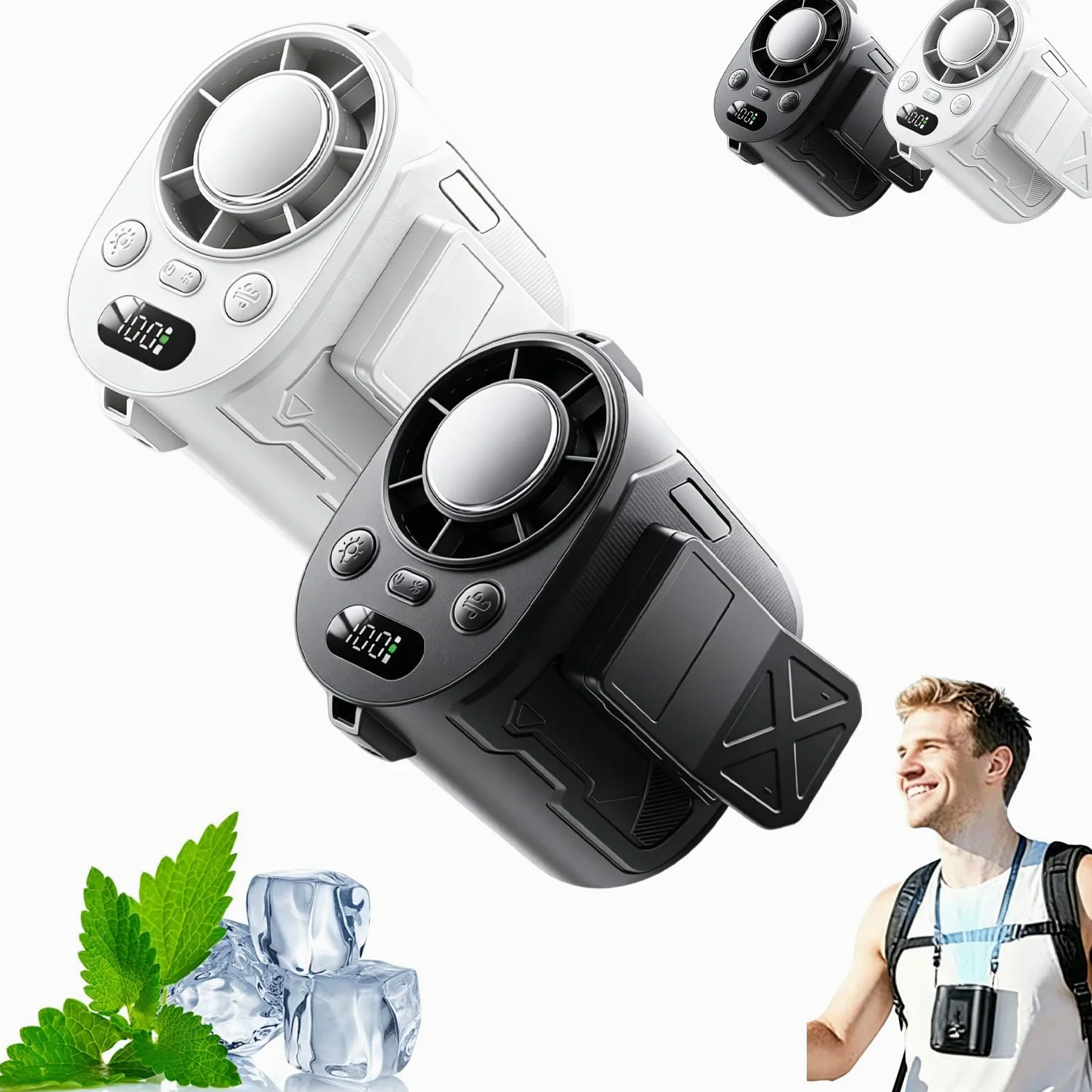 Ventilatore portatile con clip di raffreddamento per ghiaccio con batteria da 6000 mAh, ventilatore USB ricaricabile con display LED, piccolo e forte flusso d'aria, per passeggino, campeggio, ufficio