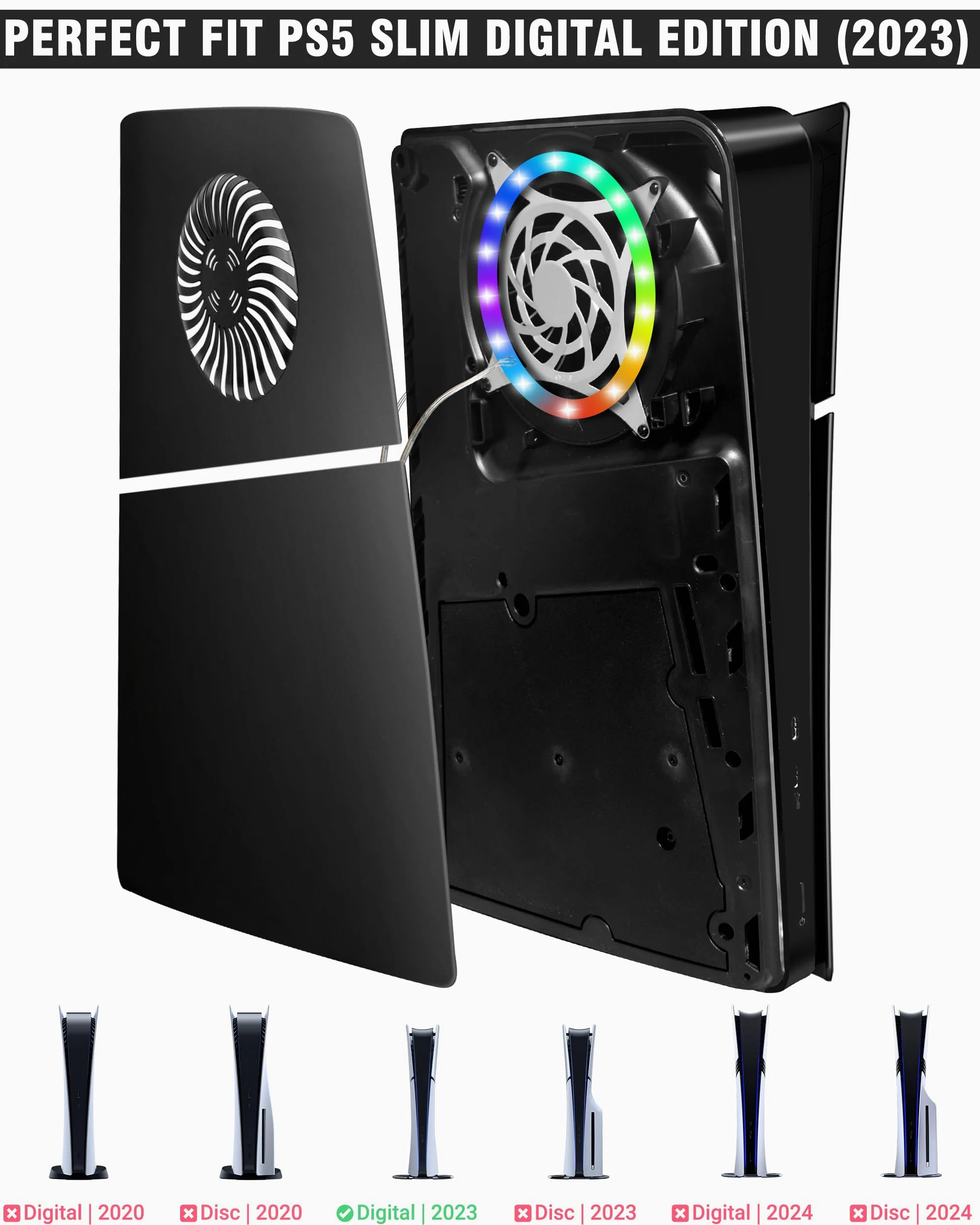 Joso Pannello frontale per PS5 Slim Digital Edition, custodia di ricambio antigraffio antipolvere con anello RGB, copertura adatta per PS5 Slim Digital Version, piastre per PS5 Slim Accessori - Nero