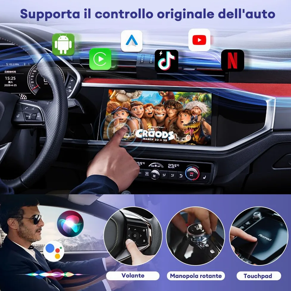 Carlinkit Adattatore CarPlay CP2A Pro senza fili - Supporta lo streaming di Netflix/YouTube/TikTok Lite per auto CarPlay cablate di fabbrica, dongle Android senza fili e per auto, USB-A/C
