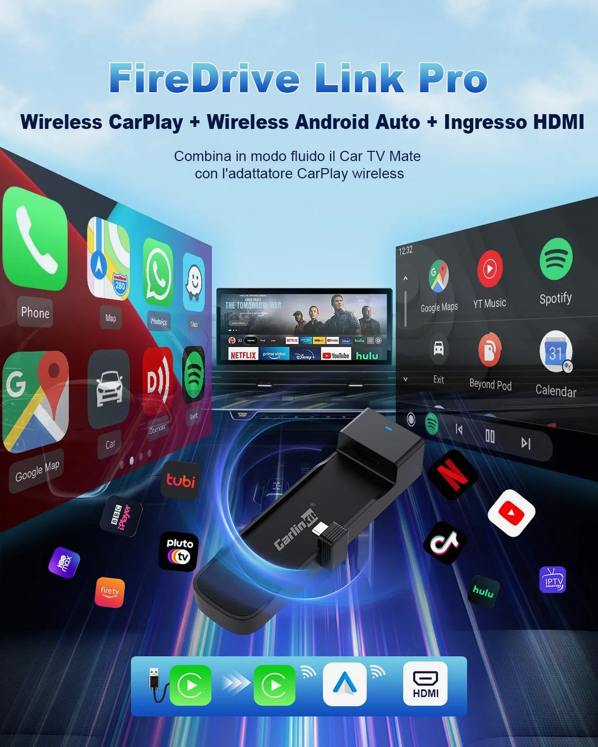 Carlinkit CarPlay e Android Auto, FireDrive Link Pro con HDMI per Fire TV Stick, dongle wireless e convertitore TV auto per CarPlay con cavo OEM, Plug