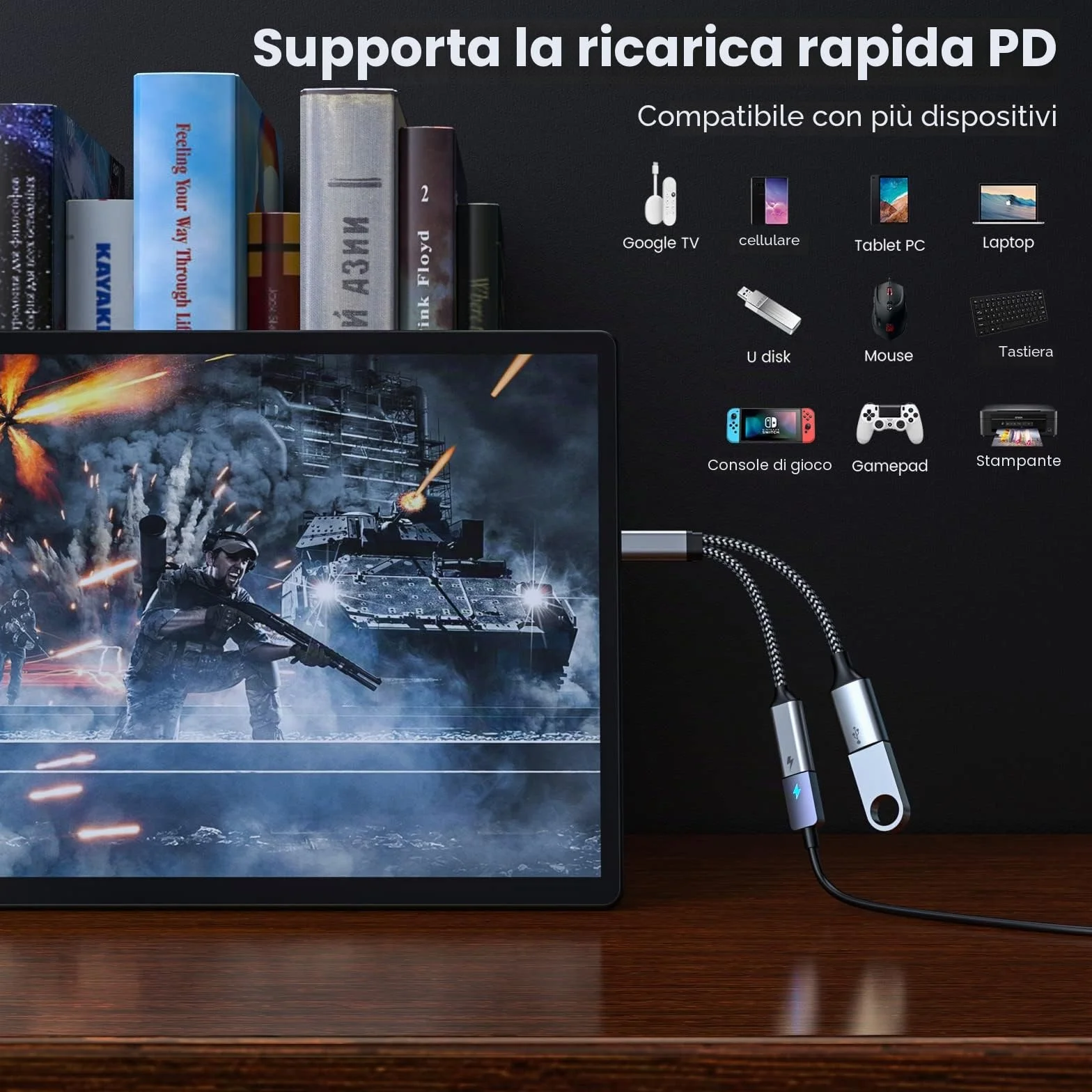 MOGOOD Adattatore da USB C a USB con ricarica Tipo C, splitter OTG Tipo C con ricarica rapida PD da 60W compatibile per Galaxy S22,Switch, Google Chromecast con Google TV,Pi-KVM,stampante 3D
