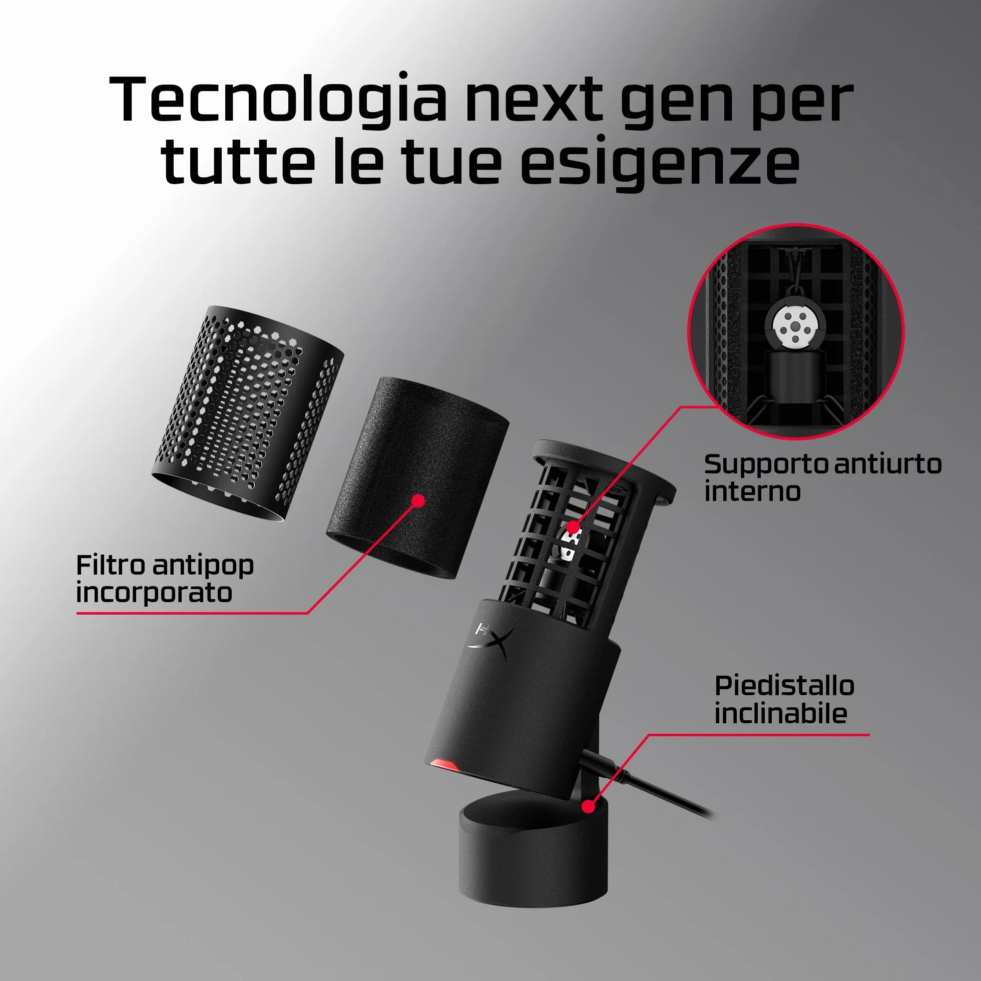 HyperX SoloCast 2, Microfono Usb-C Condensatore per Gaming, Streaming, Podcast, Compatibile Con Pc, Mac e Bracci Filettati, Controllo Con Software Ngenuity, Plug-and-Play, Audio Chiaro, Nero