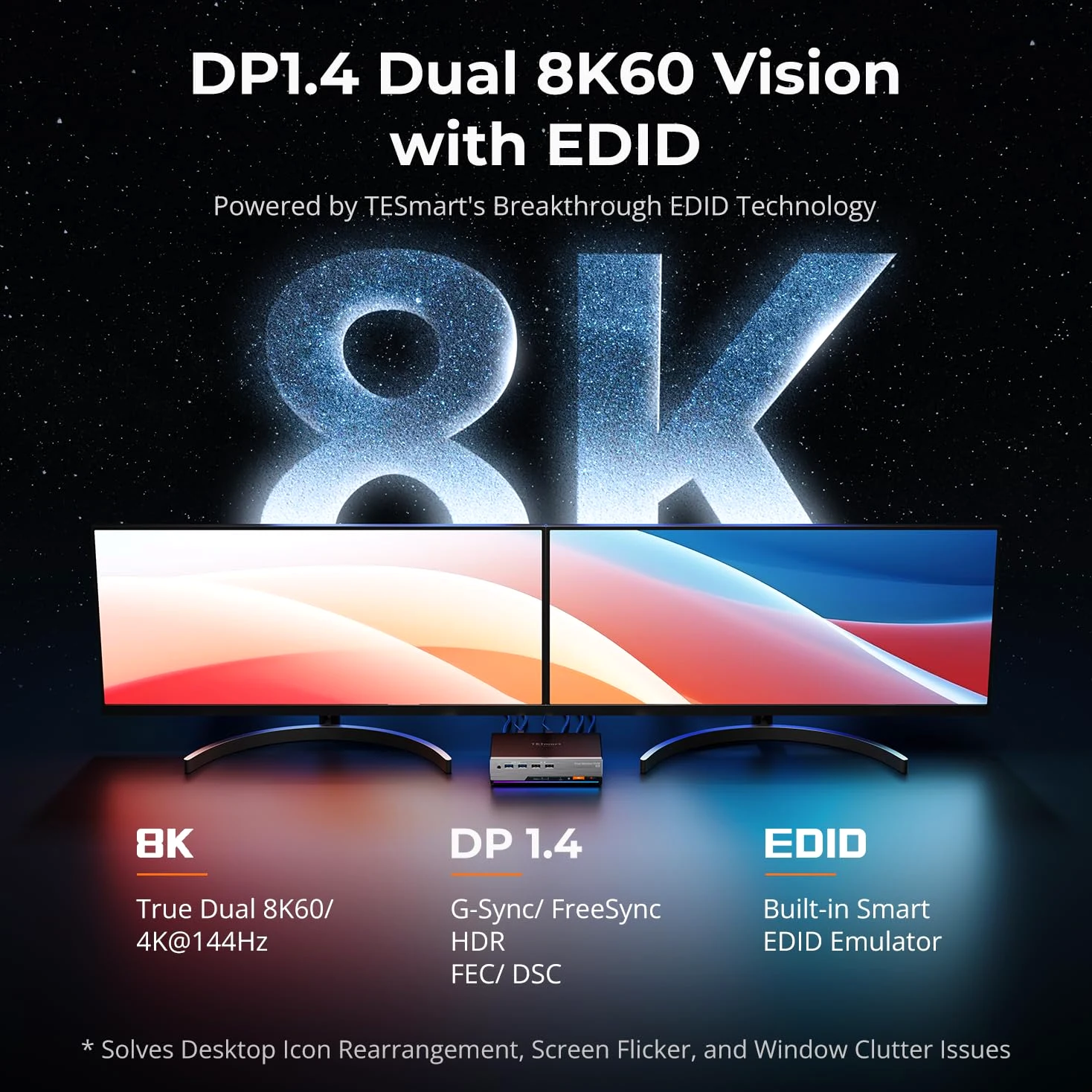 TESmart 8K@60Hz DisplayPort KVM Switch 2 PC 2 Monitor USB 3.0 DP 1.4 KVM Switch Dual Monitor 4K@144Hz per Gaming Dock, Supporta EDID, Gigabit Network, Hotkey, Audio Microfono, con Cavi PC