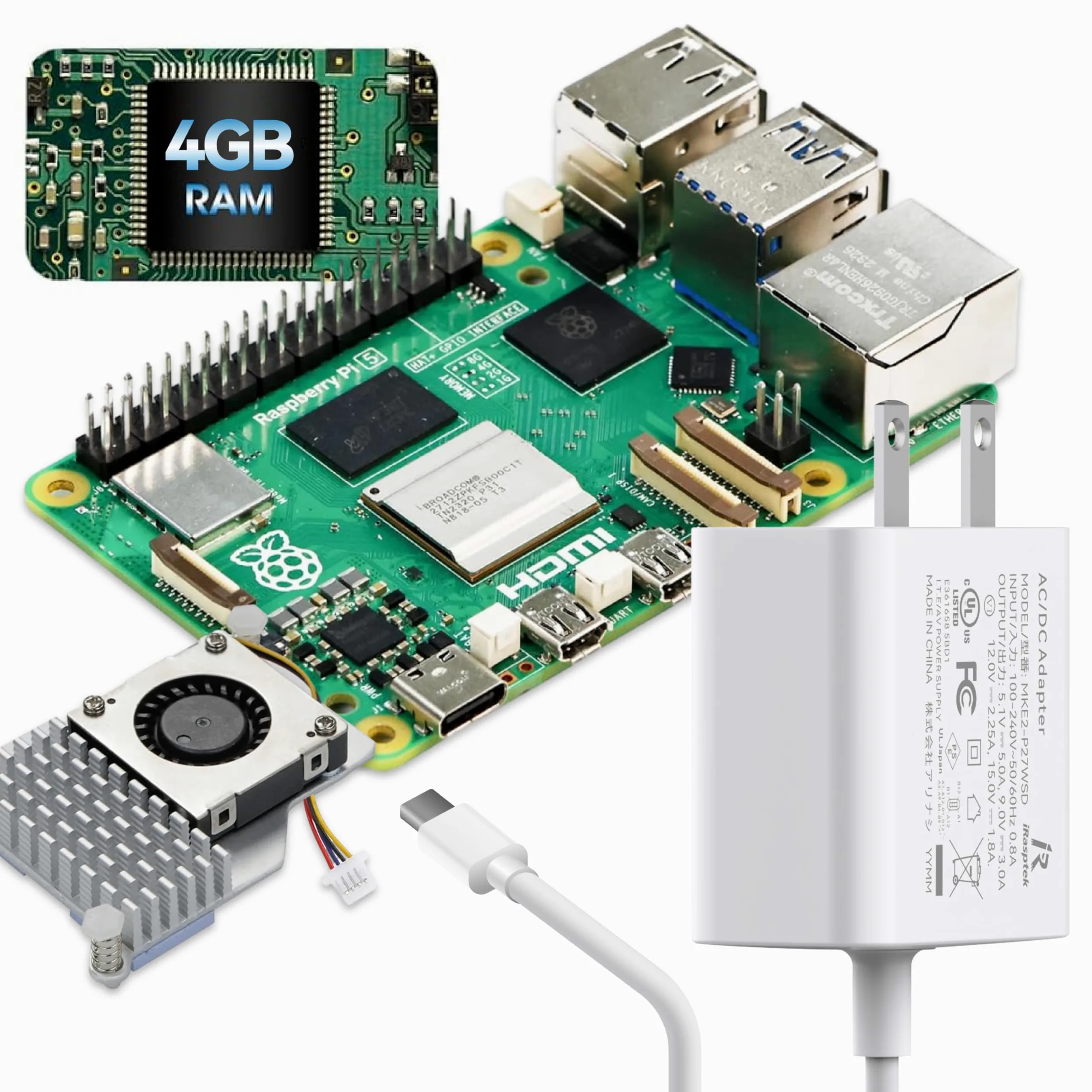iRasptek Starter kit base per Raspberry Pi 5 4 GB di RAM, include scheda da 4 GB, alimentatore PD da 27 W e dispositivo di raffreddamento attivo