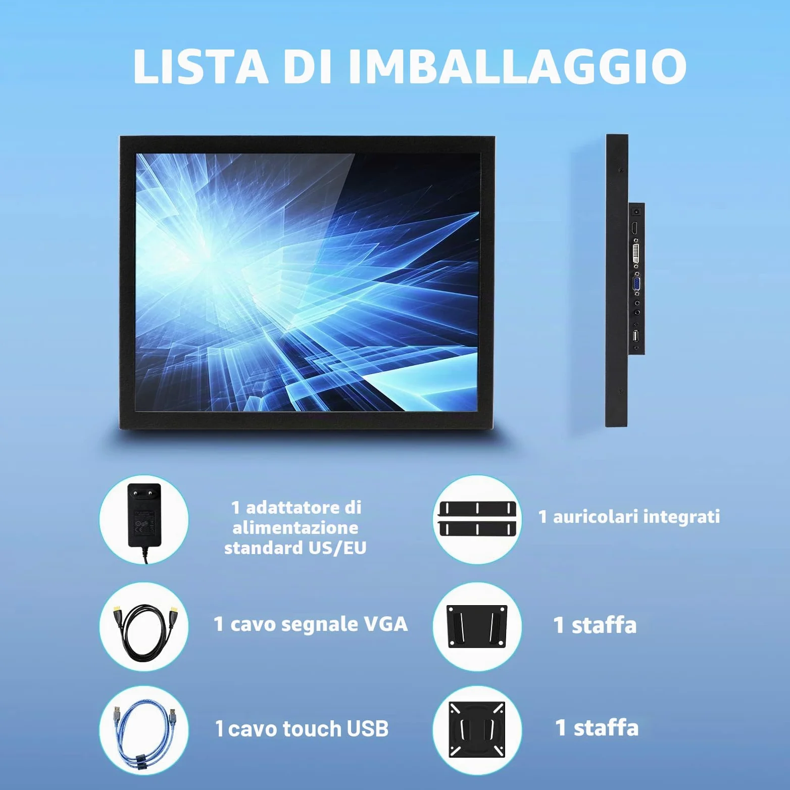 VSDISPLAY Monitor Touch Industriale,schermo LCD 15" 1024x768 400nit IPS | resistivo con ingresso video VGA DVI H/D ,con doppi altoparlanti