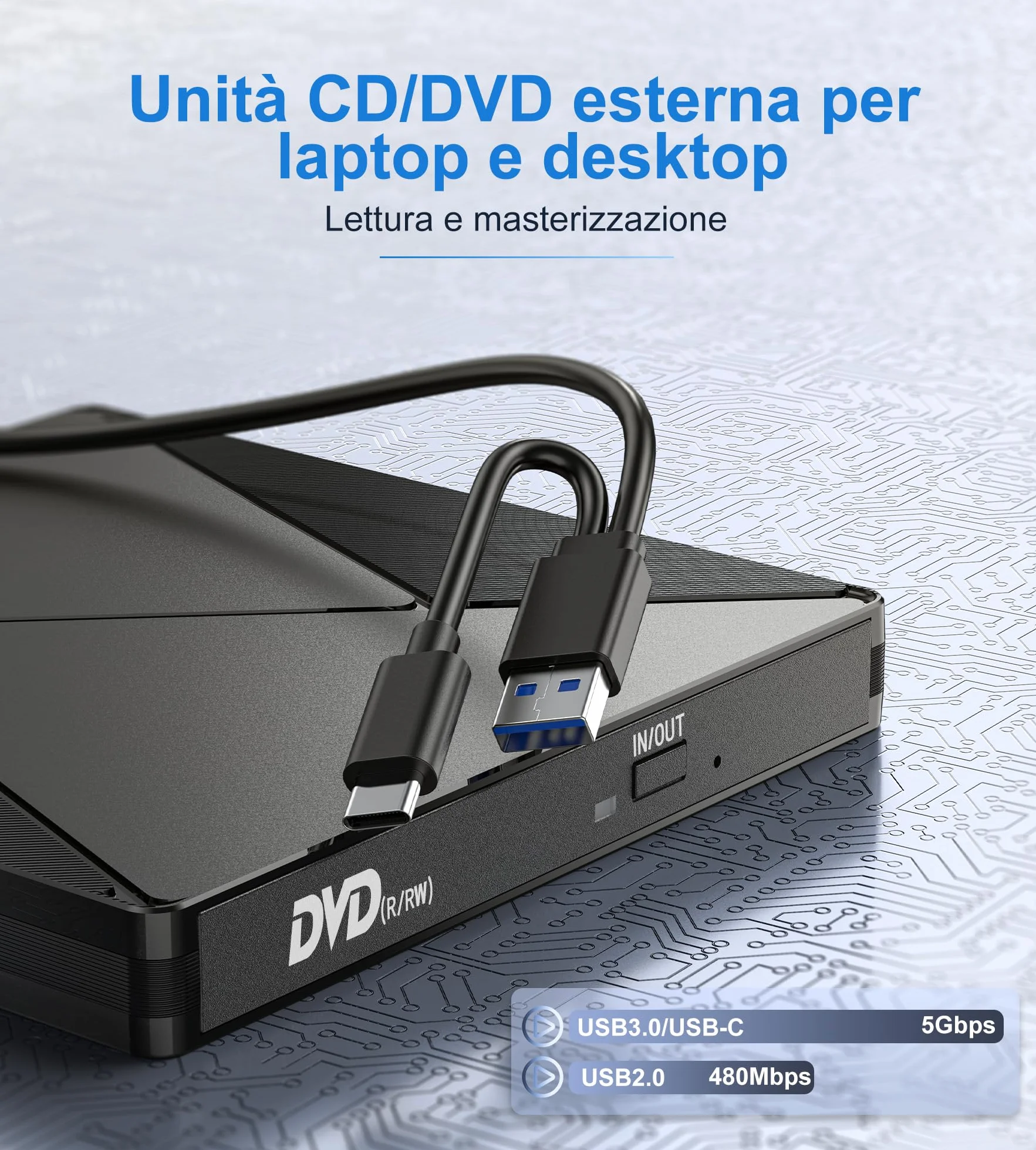 Umaniy Lettore DVD CD Esterno per PC Portatile, Masterizzatore CD/DVD +/-RW Drive CD ROM Unità DVD Esterne per Windows/XP/Vista/Linux/MacOS/Linux/Laptop/Desktop