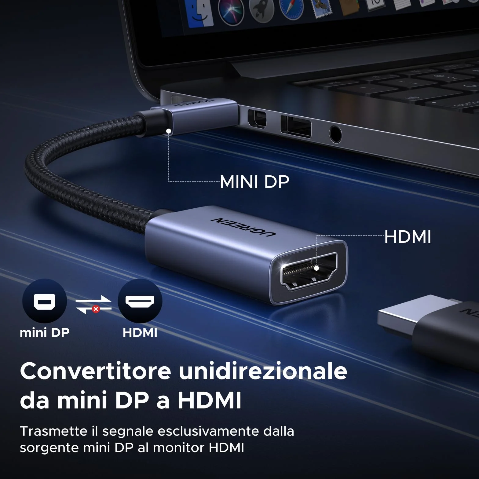 UGREEN Adattatore 4K 30Hz da Mini DisplayPort a HDMI Thunderbolt 1/2 Unidirezionale Convertitore da Mini DP a HDMI 2K 60Hz 1080P 120Hz compatibile con Mac Mini MacBook Air Pro monitor HDTV (1 Pezzo)