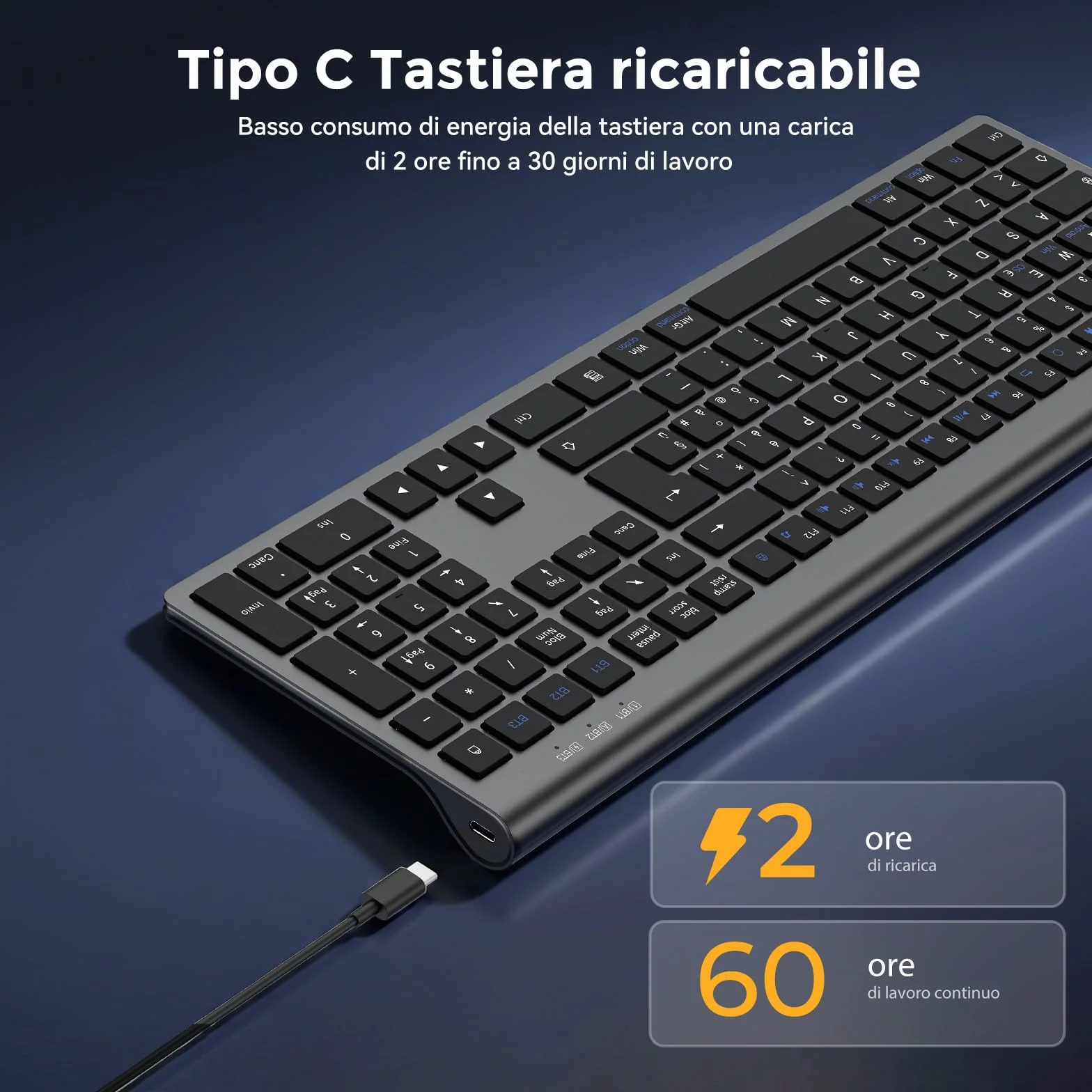 cimetech Tastiera wireless Bluetooth, Tastiera wireless ricaricabile multi-dispositivo con connessione facile fino a 3 dispositivi - Layout italiano, tasti silenziosi Compatibile con Mac, Windows, iOS