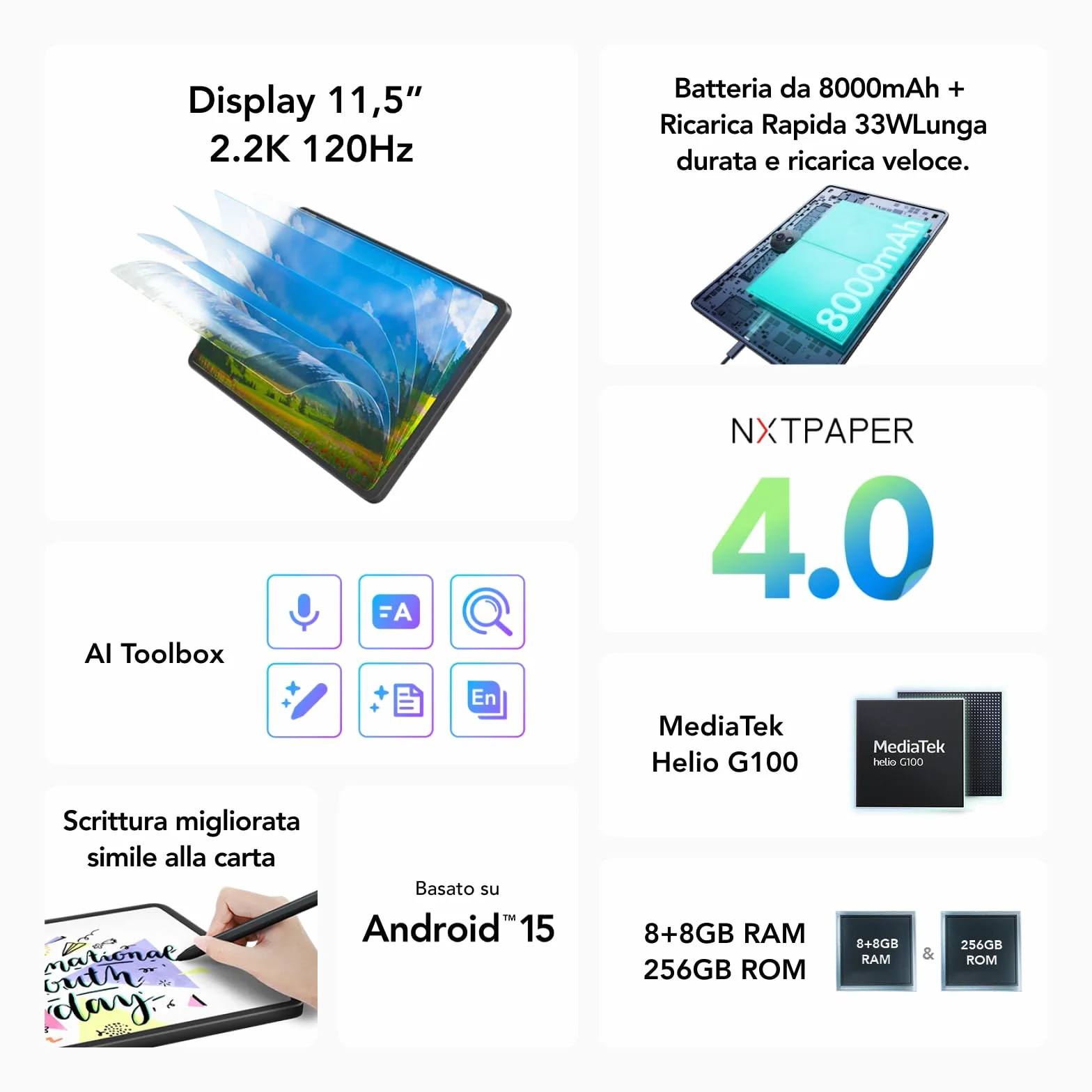 TCL NXTPAPER 11 Plus Tablet 11.5" 2.2K Display 256GB ROM 8GB+8GB RAM 8000mAh Android 15 con Flipcase e T-Pen