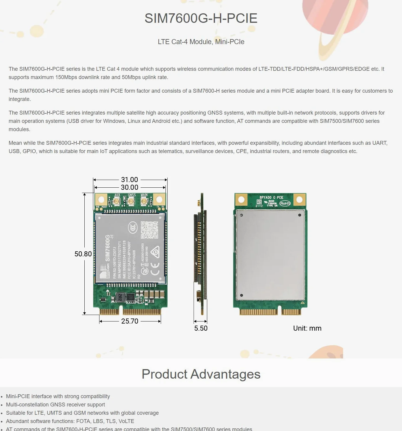 Waveshare SIM7600G-H-PCIE SIMCom Original 4G LTE Cat-4 Module Support Global Coverage GNSS/LTE-TDD/LTE-FDD/HSPA+/GSM/GPRS/Edge with Mini-PCIe Connector